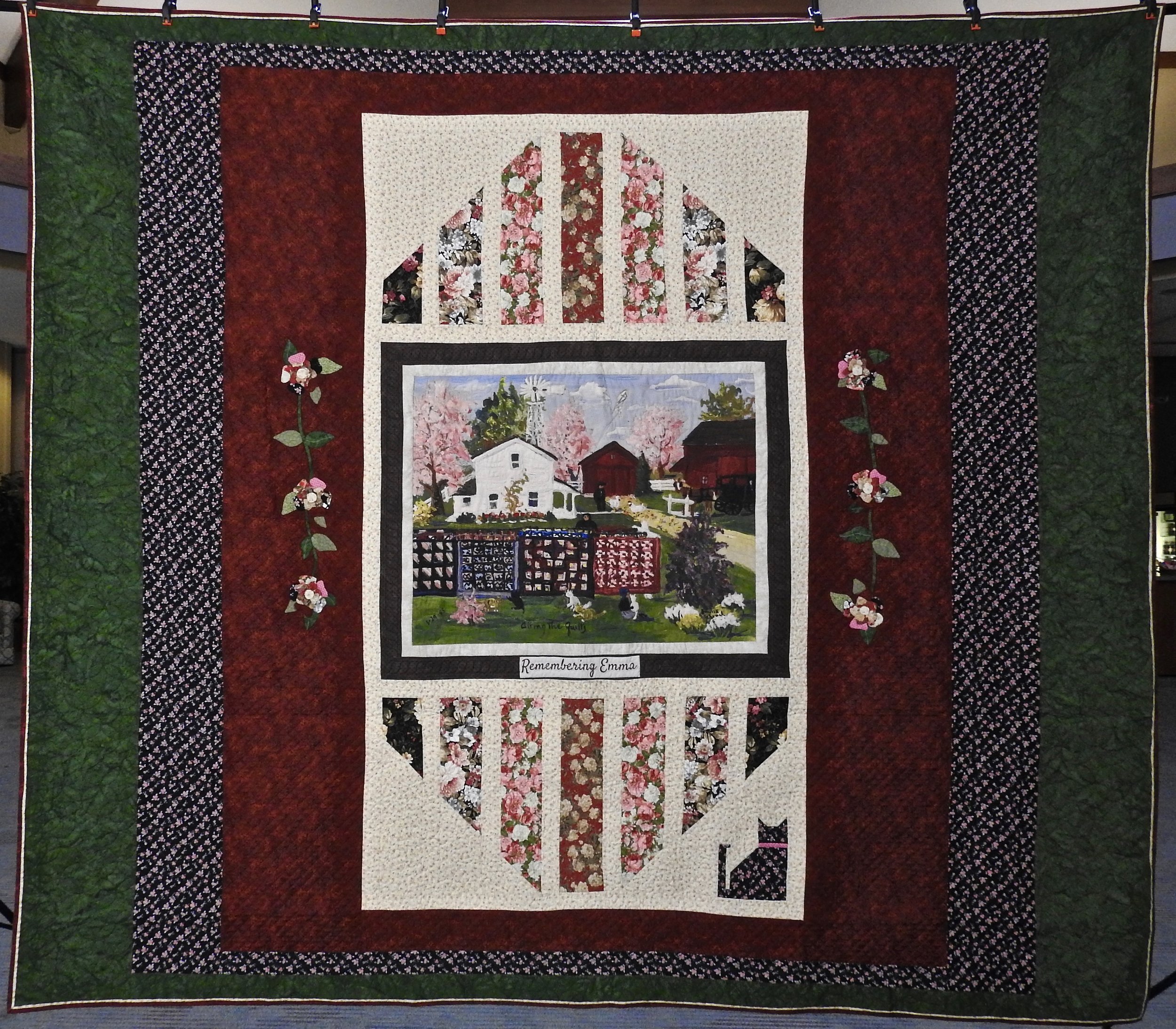 Remembering Emma, Photo Transfer of Emma Schrock “Airing the Quilts” Painting, Designed by Robert Hershberger, Pieced &amp; Appliquéd by Ellie Burton, Custom Machine Quilted,  102 x 116 “