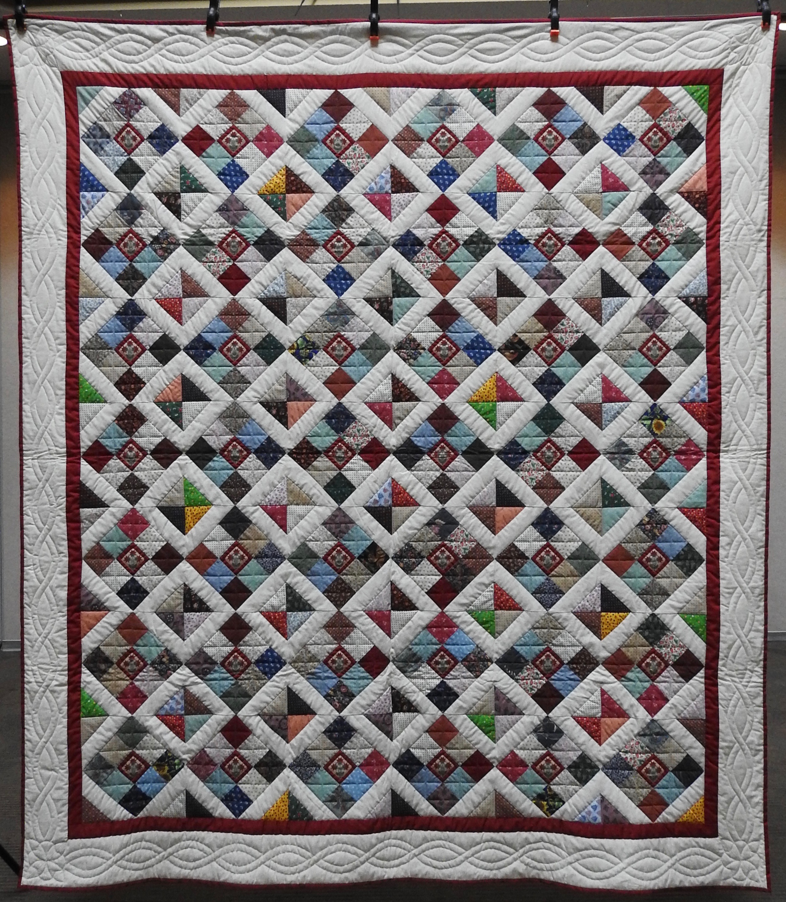 Variable Nine Patch, Pieced &amp; Hand Quilted by Isabel Leipprandt, Signed &amp; Dated, donated by Wayne &amp; Karen Moss, 77 x 88”