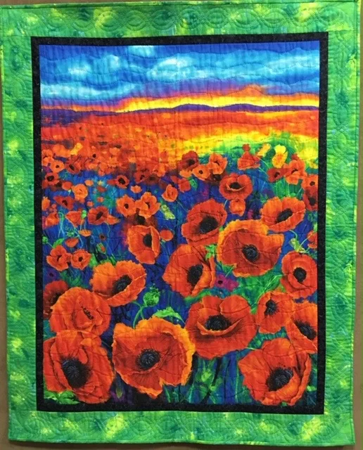 Poppies Forever, Wall Quilt-Single Needle Hand Quilted, Silverwood Mennonite Women, 41 x 51”