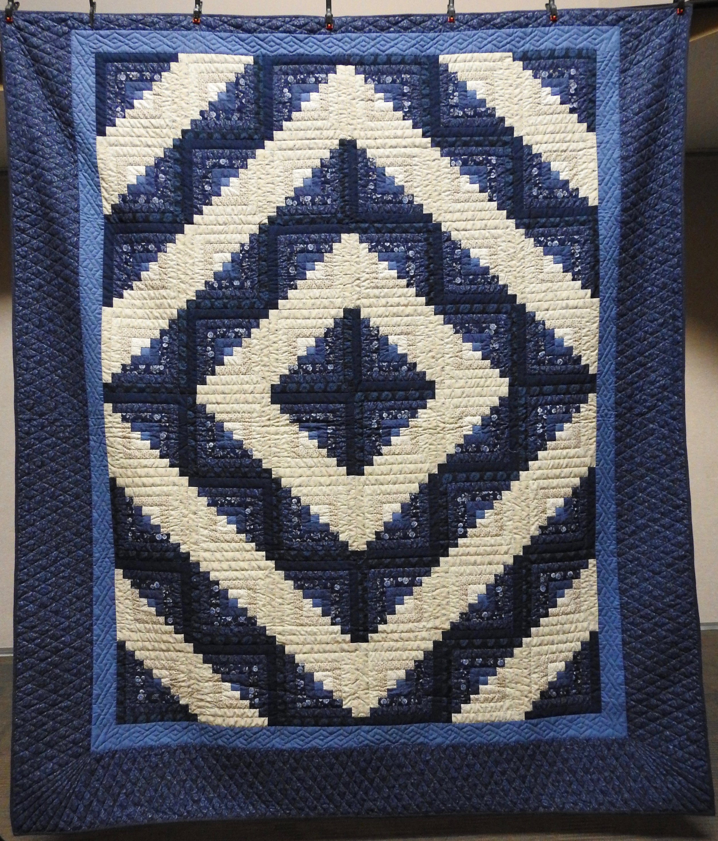 Blue Log Cabin, Pieced, Hand Quilted, Clinton Frame Church, 96 x 110”