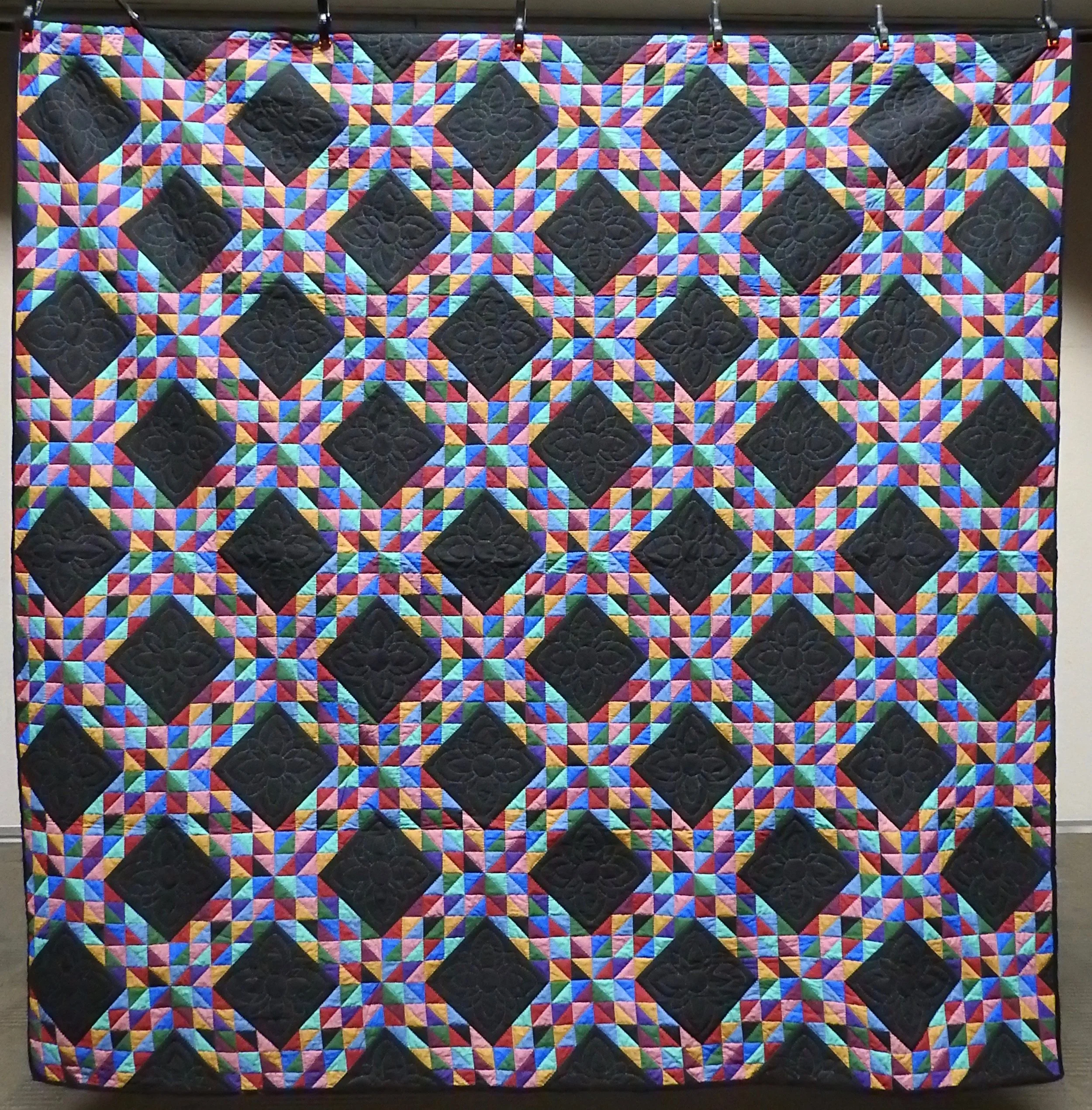 Amish Triangles, Pre-printed fabric, Single Needle Hand Quilted, Clinton Frame Church, 87 x 87”