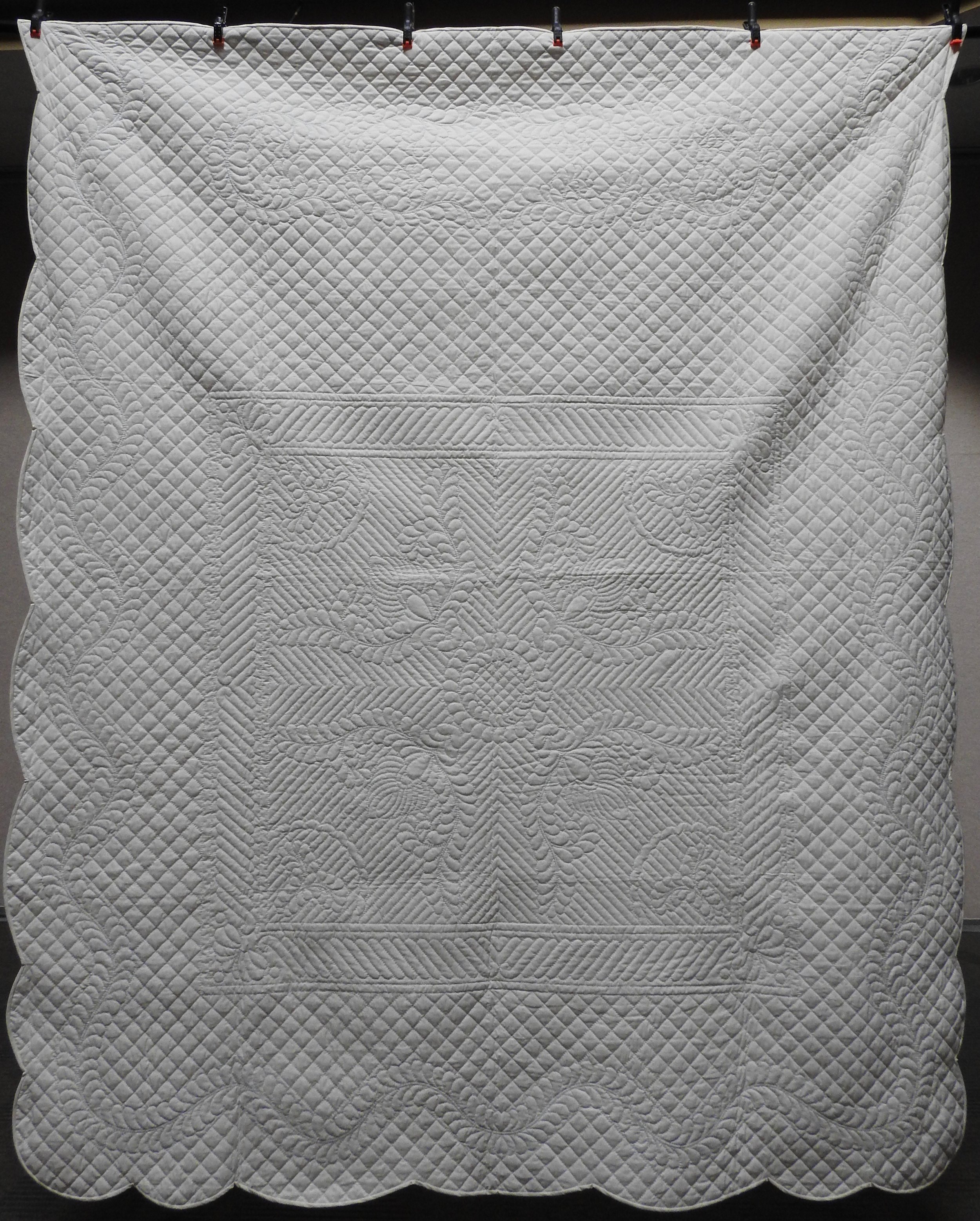 Diamonds, Feathers, Swirls, Hand Quilted, Sign &amp; Dated,  donated by First Mennonite Middlebury, 82 x 100”