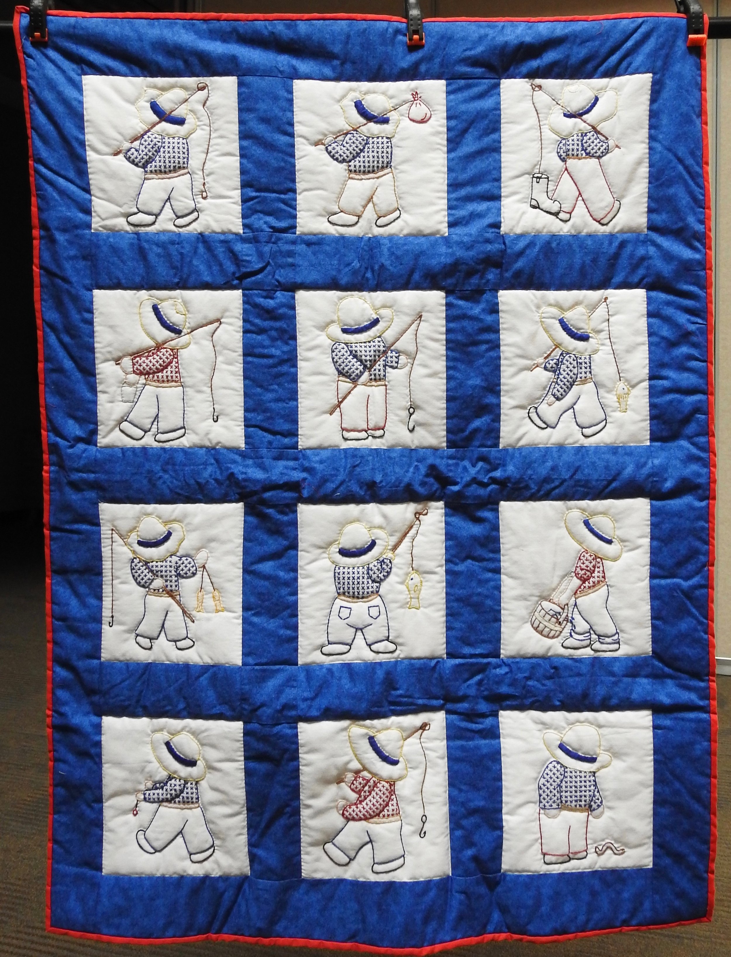 Overall Sam Goes Fishing Baby Quilt, Pieced, Embroidered, Hand Quilted, Flannel Back, Clinton Frame Church, 35 x 46”