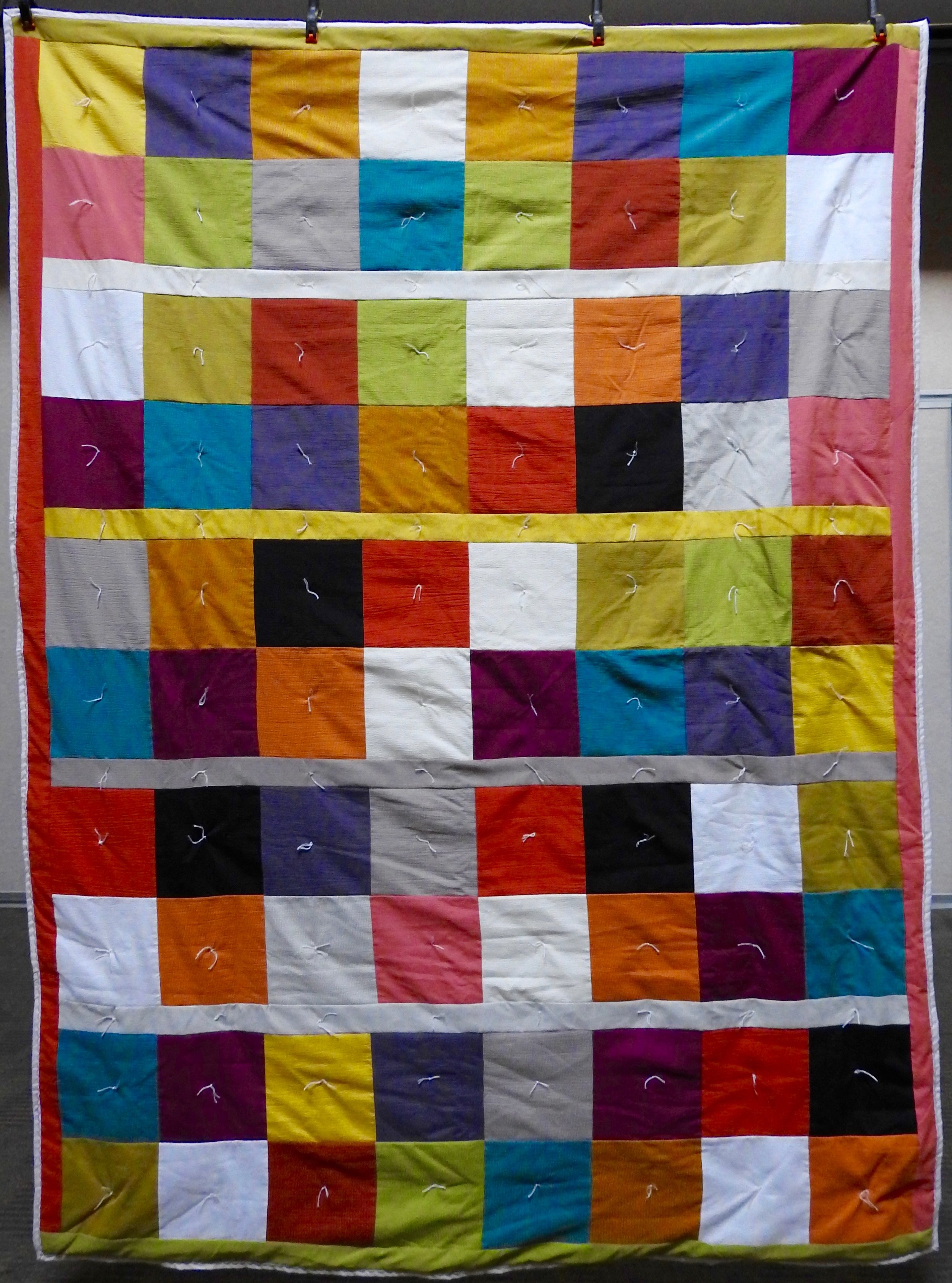 Scrappy Squares Comforter, Pieced of 50’s Fabrics, Knotted, Clinton Frame Church, 68 x 92”