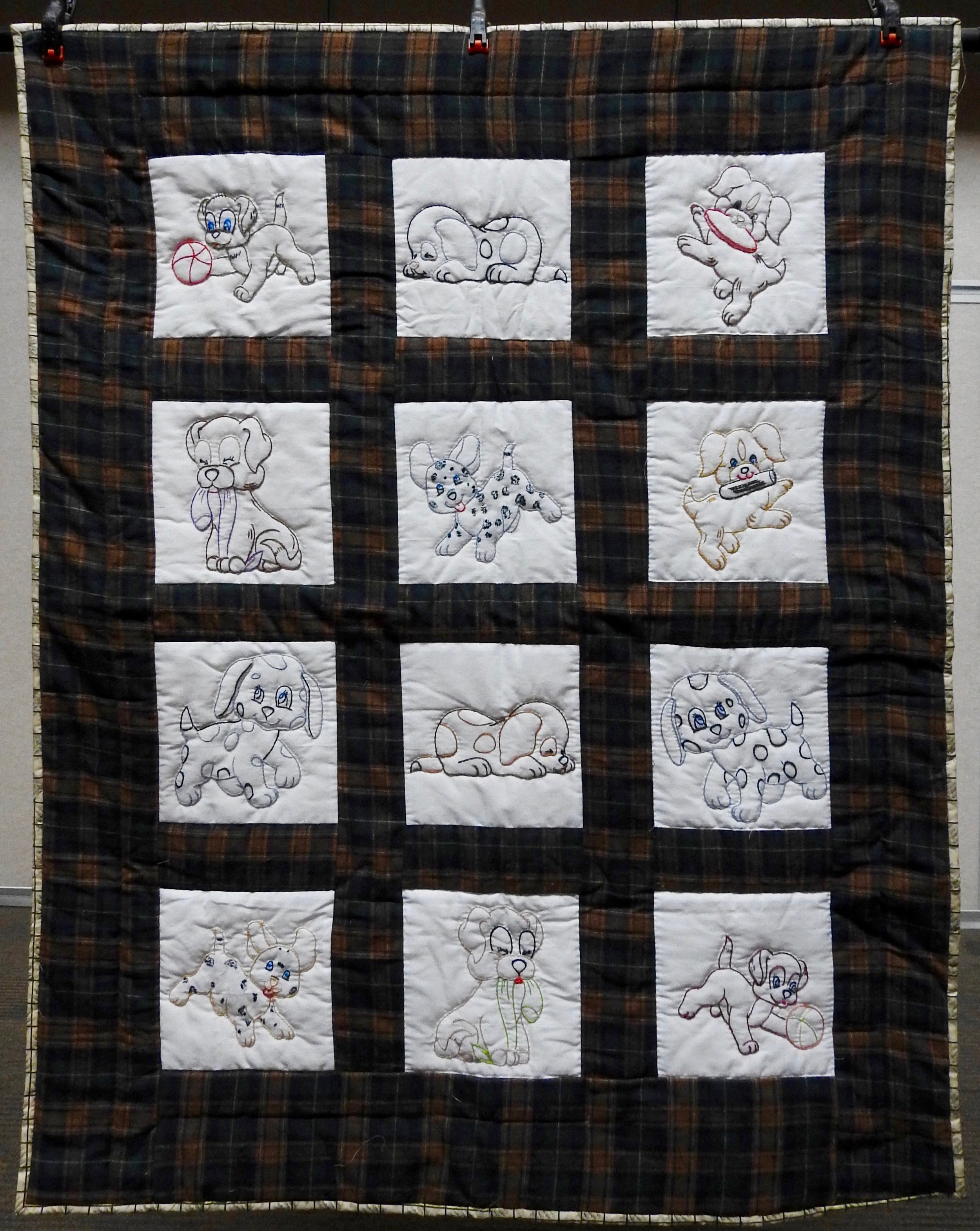 Puppy Love Baby Quilt, Pieced, Embroidered, Hand Quilted, Clinton Frame Church, 41 x 51”