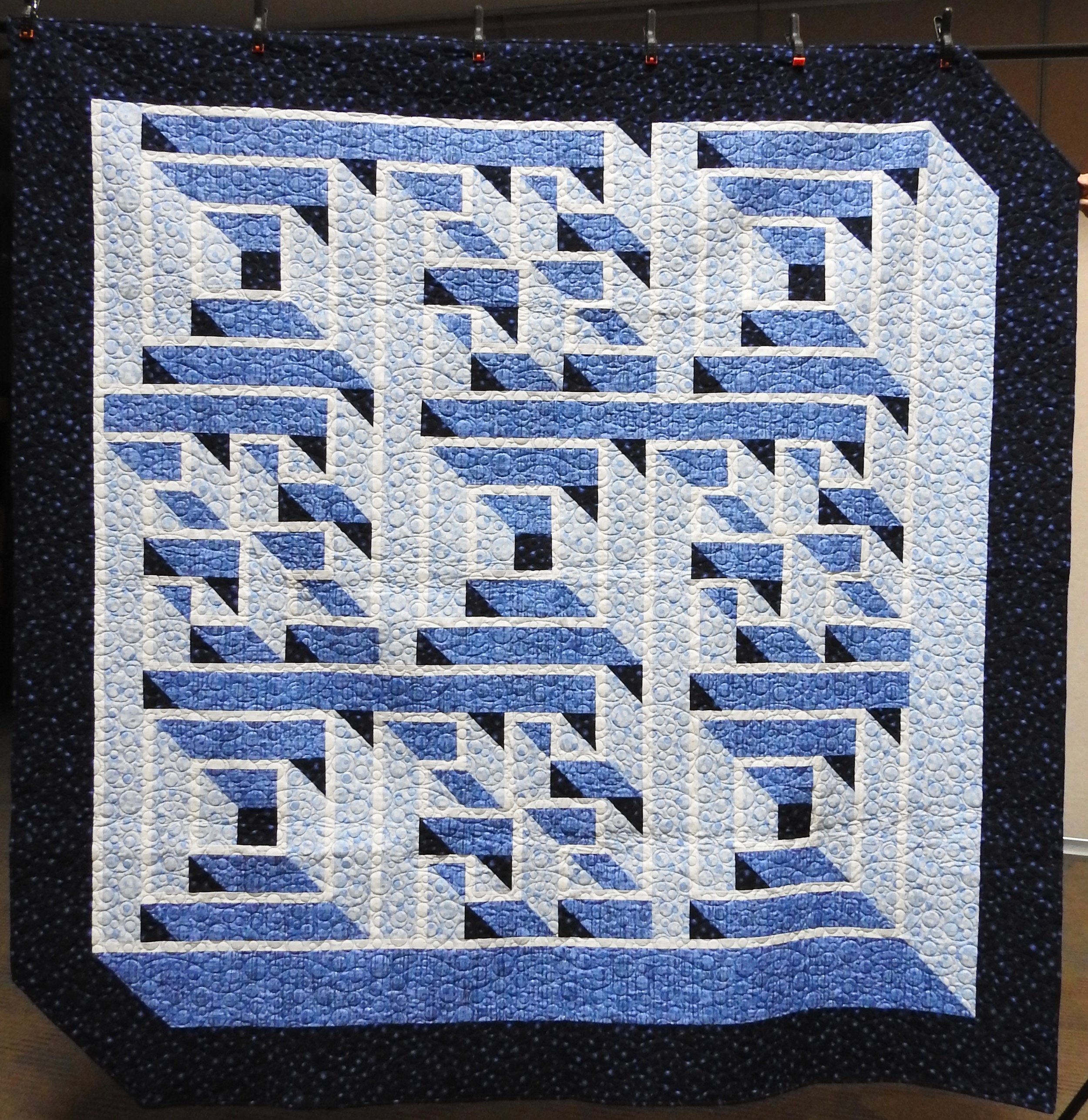 Labyrinth, Pieced by Ruby Bontreger, Edge to Edge Machine Quilted, Signed &amp; Dated, donated by First Mennonite, Middlebury, 83 x 83”