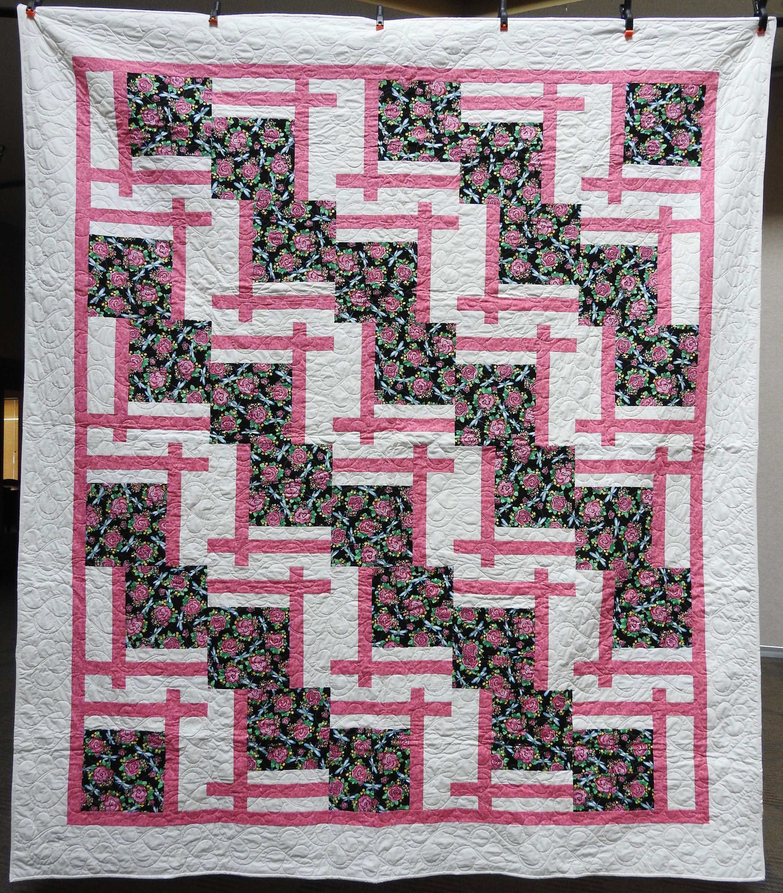  Posies in Pink, Pieced by Ruby Bontreger, Edge to Edge Machine Quilted, Signed &amp; Dated, donated by First Mennonite, Middlebury, 80 x 91”