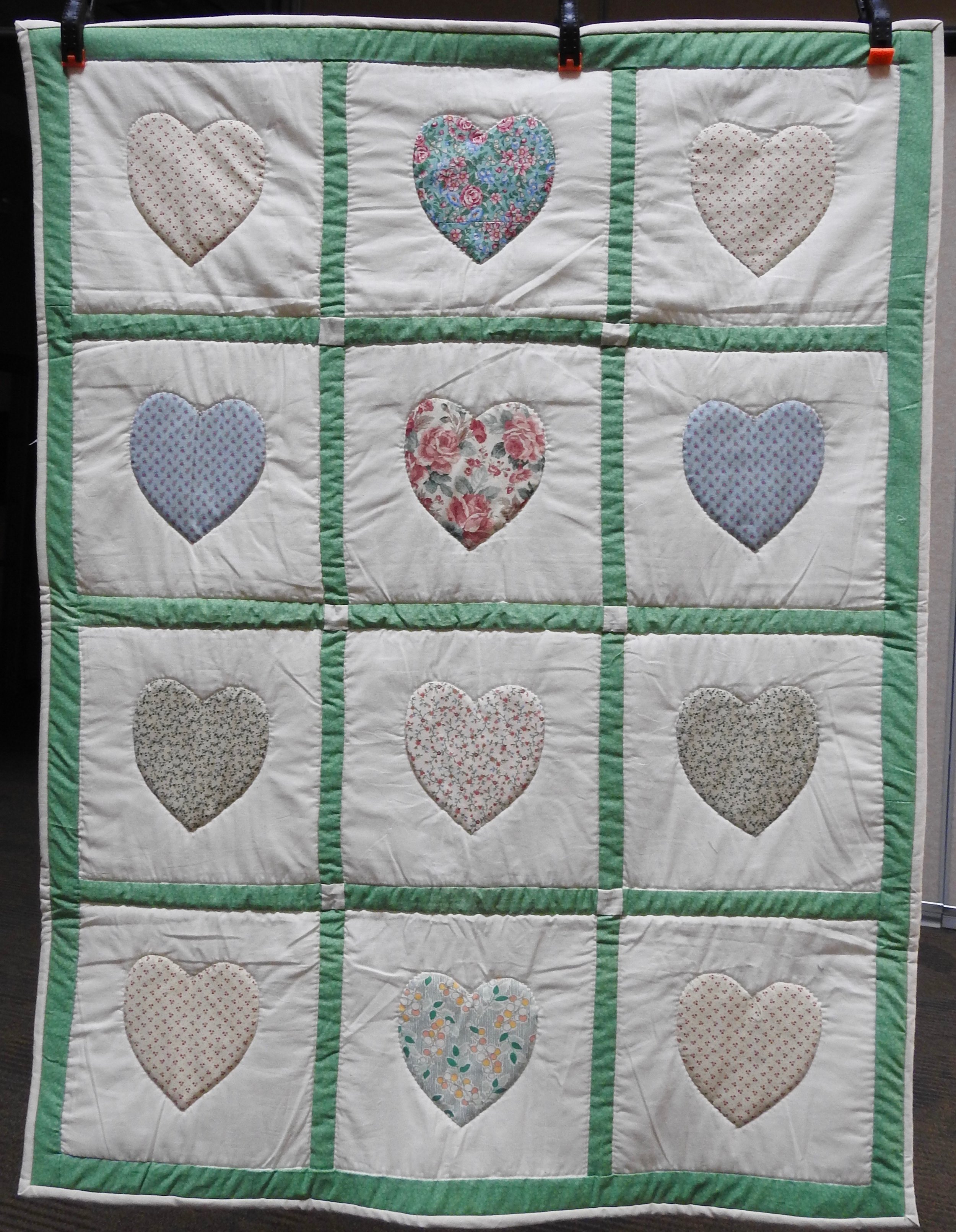 Hearts Baby Quilt, Pieced, Appliquéd and Hand Quilted, Clinton Frame Church, 35 x 45”