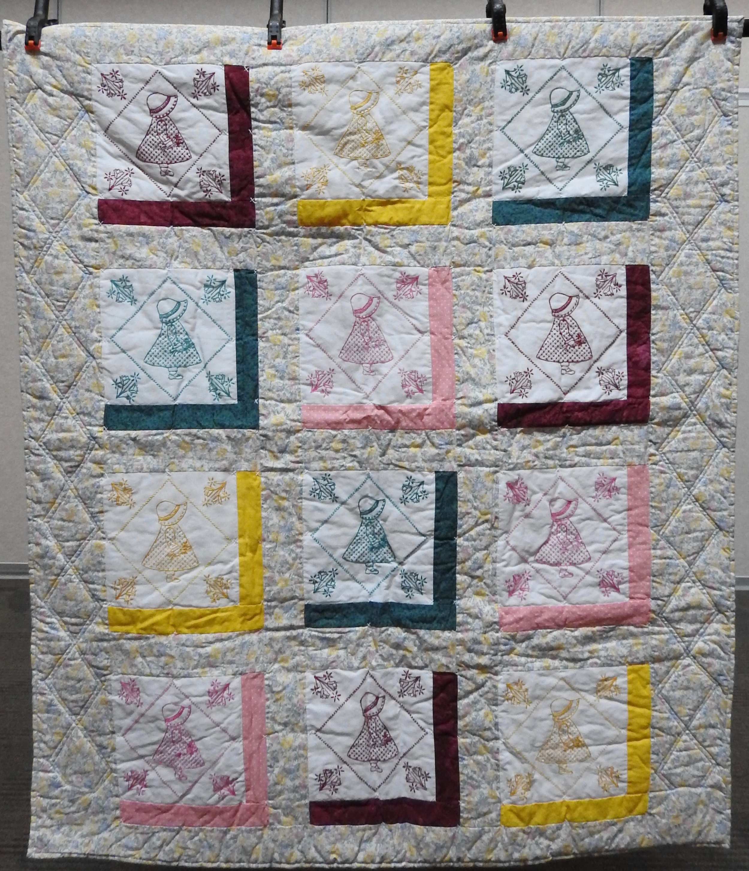 Sunbonnet Sue Crib Size, Pieced, Embroidered, Decatur Knotting &amp; Machine Quilting, Clinton Frame Church, 43 x 50”