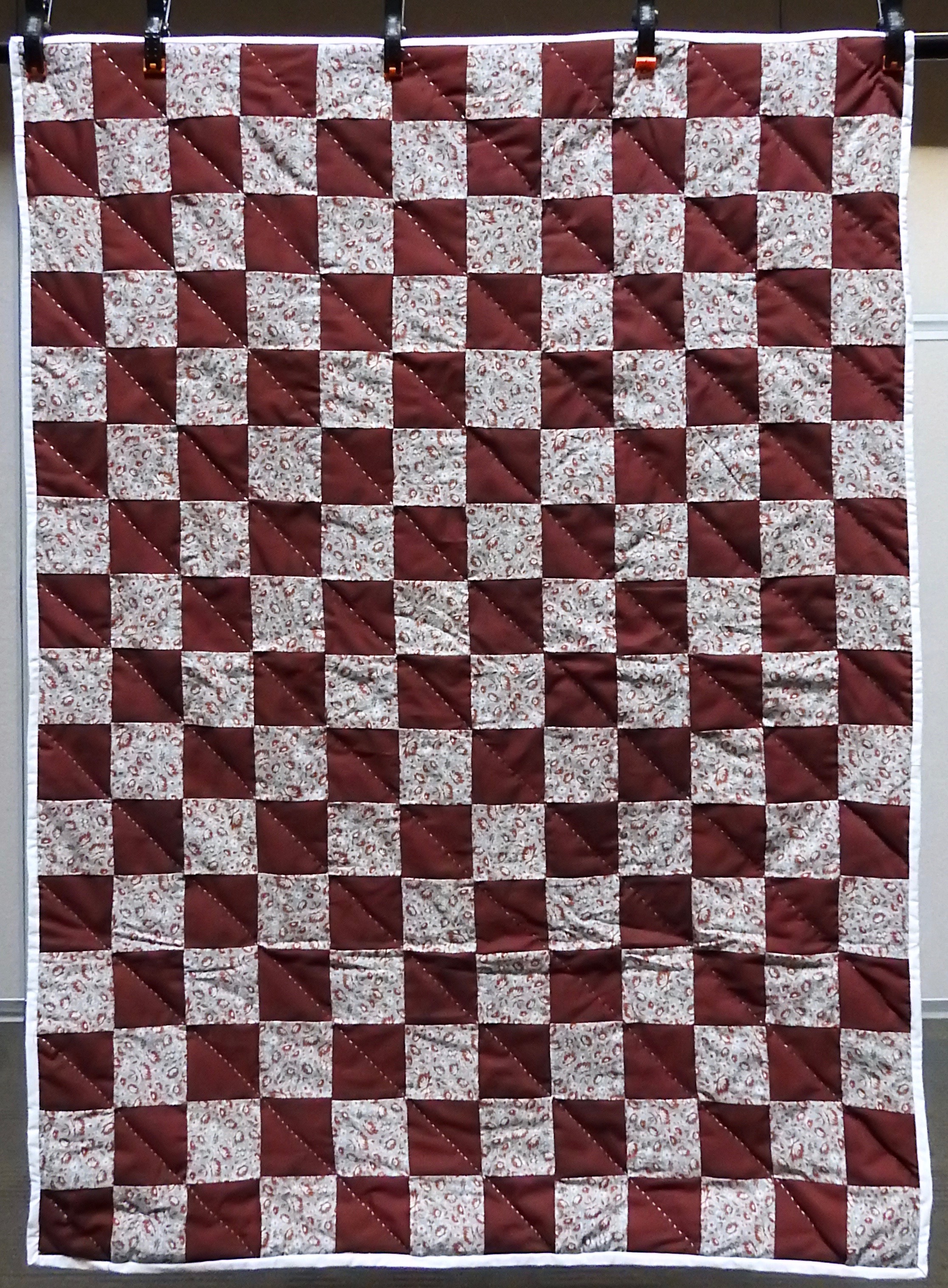  Burgundy Blocks Baby Quilt, Pieced, Long Stitch Hand Quilted, donated by First Mennonite, Middlebury, 40 x 54”