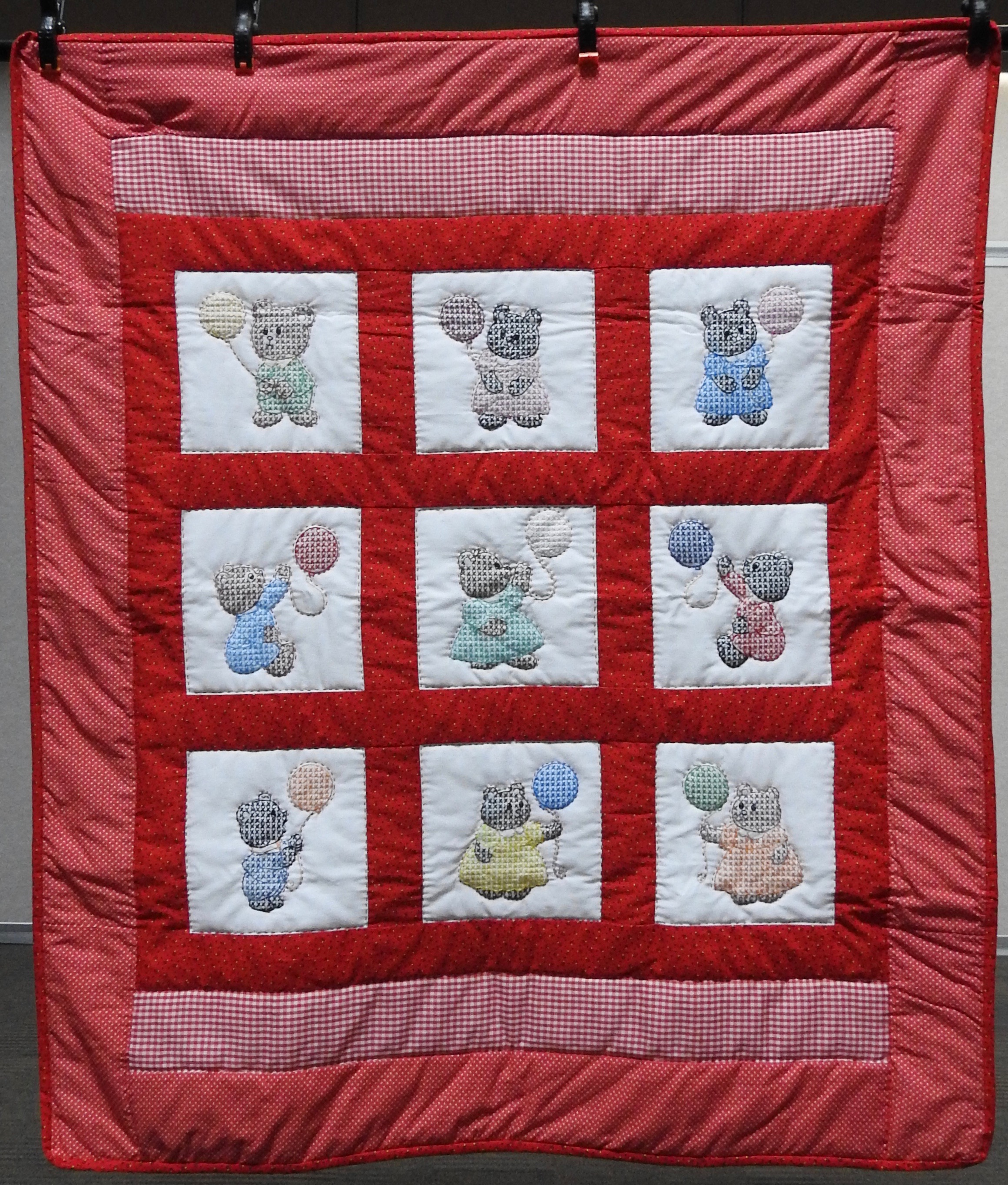 Bears &amp; Balloons Baby Quilt, Embroidered, Long Stitch Hand Quilted, First Mennonite,  donated by Middlebury, 43 x 51”