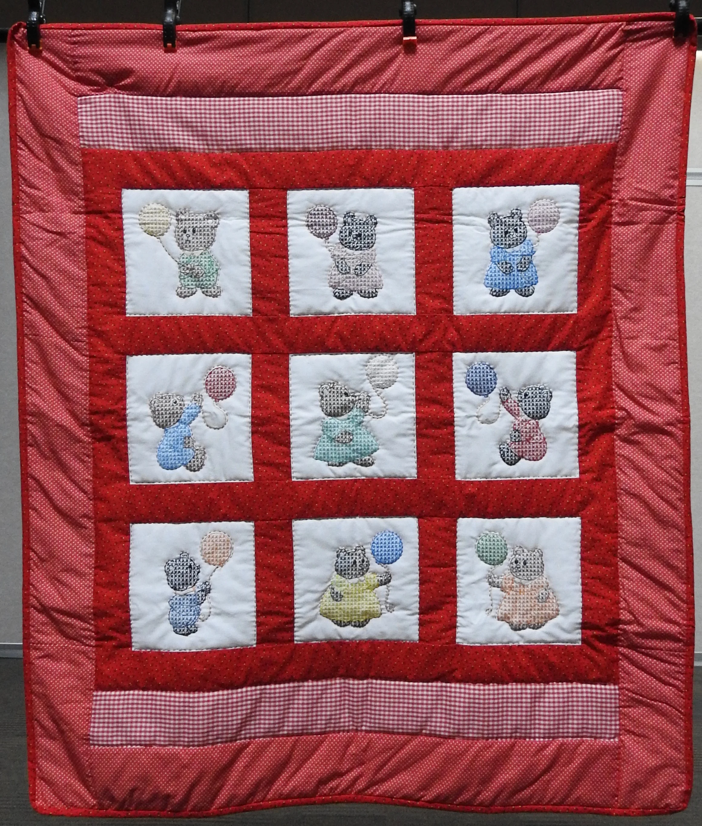 Bears & Balloons Baby Quilt, Embroidered, Long Stitch Hand Quilted, First Mennonite, donated by Middlebury, 43 x 51”