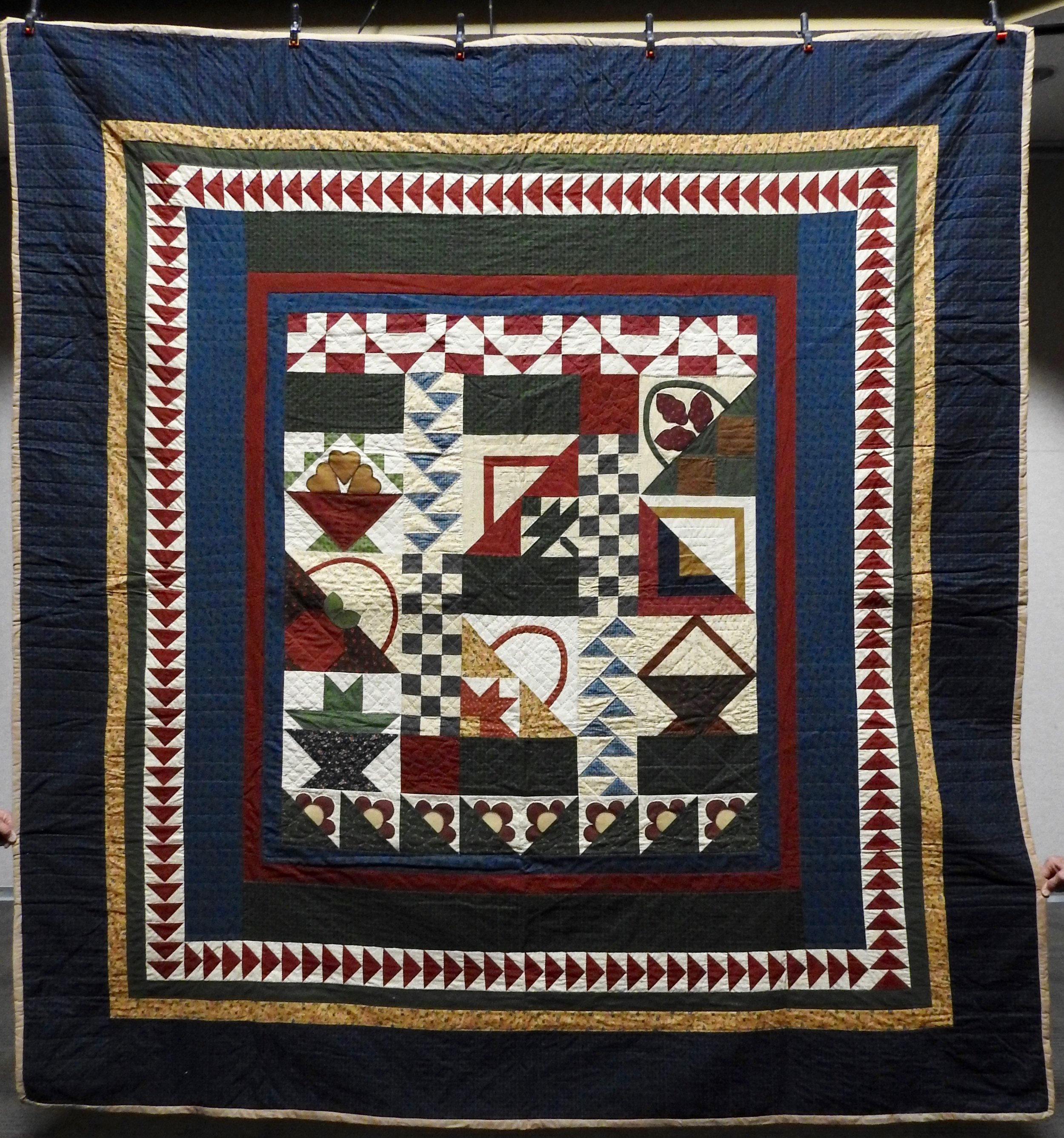 Early American Sampler, Pieced &amp; Appliquéd, Hand Quilted, (cotton batting) donated by Howard-Miami Mennonite Church, 100 x 108”