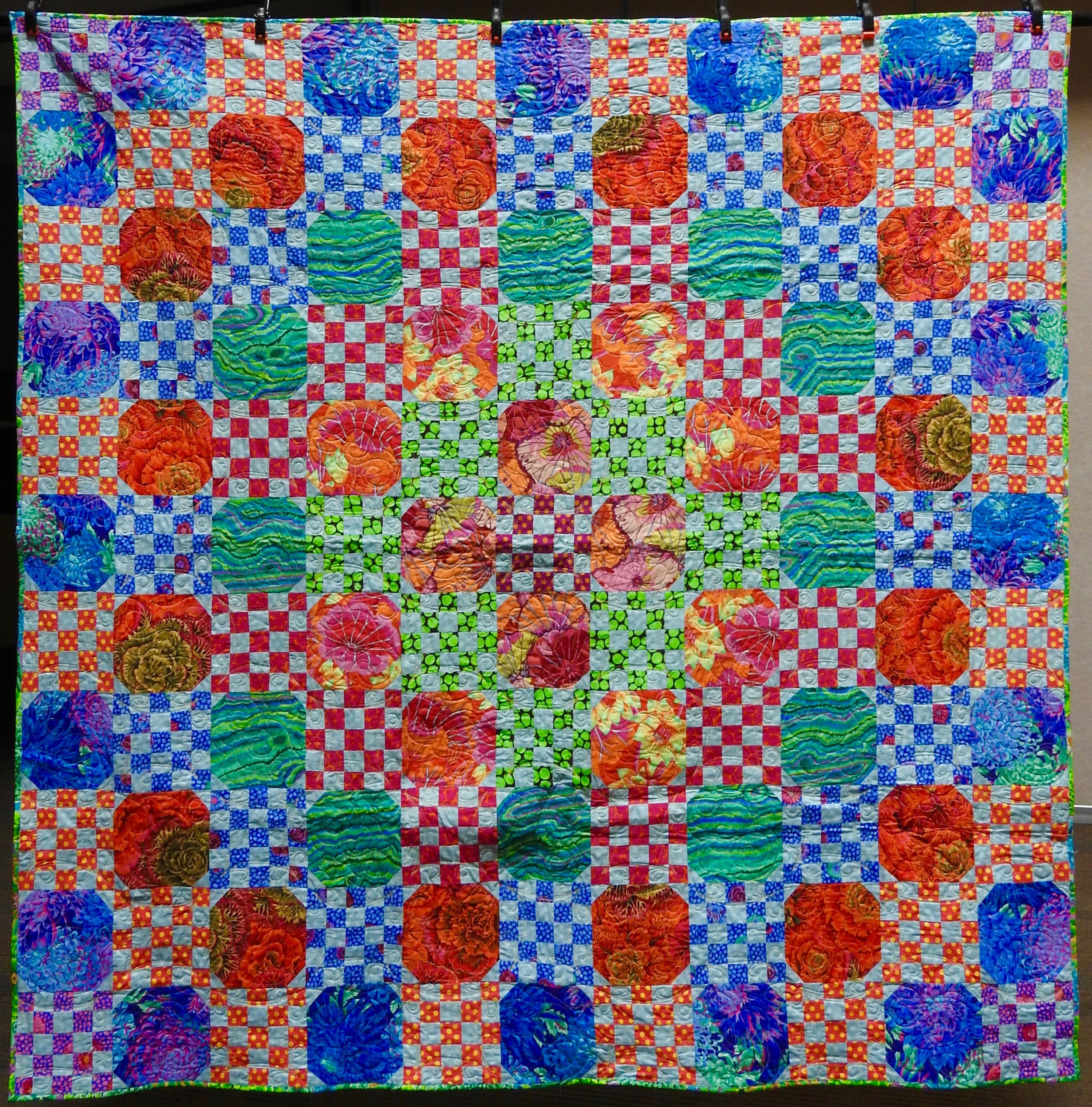 Kaffe Fassett 2018 Mystery Quilt, Pieced, Custom Machine Quilted, donated by Linda Duncan, 80 x 80”
