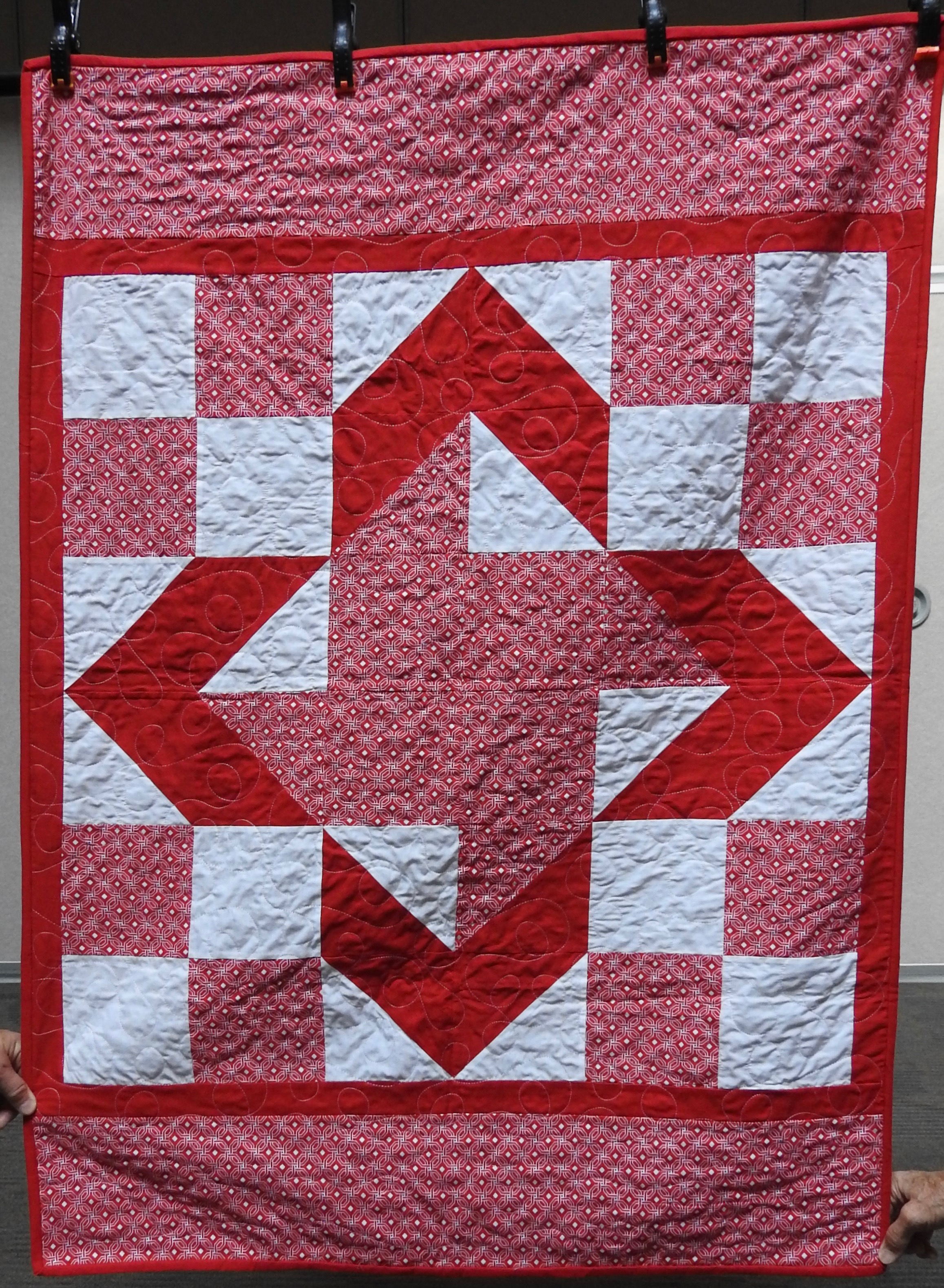  Windmill Variation Baby Quilt, Pieced, Plush Back, Edge to Edge Machine Quilted, donated anonymously, 36 x 50”