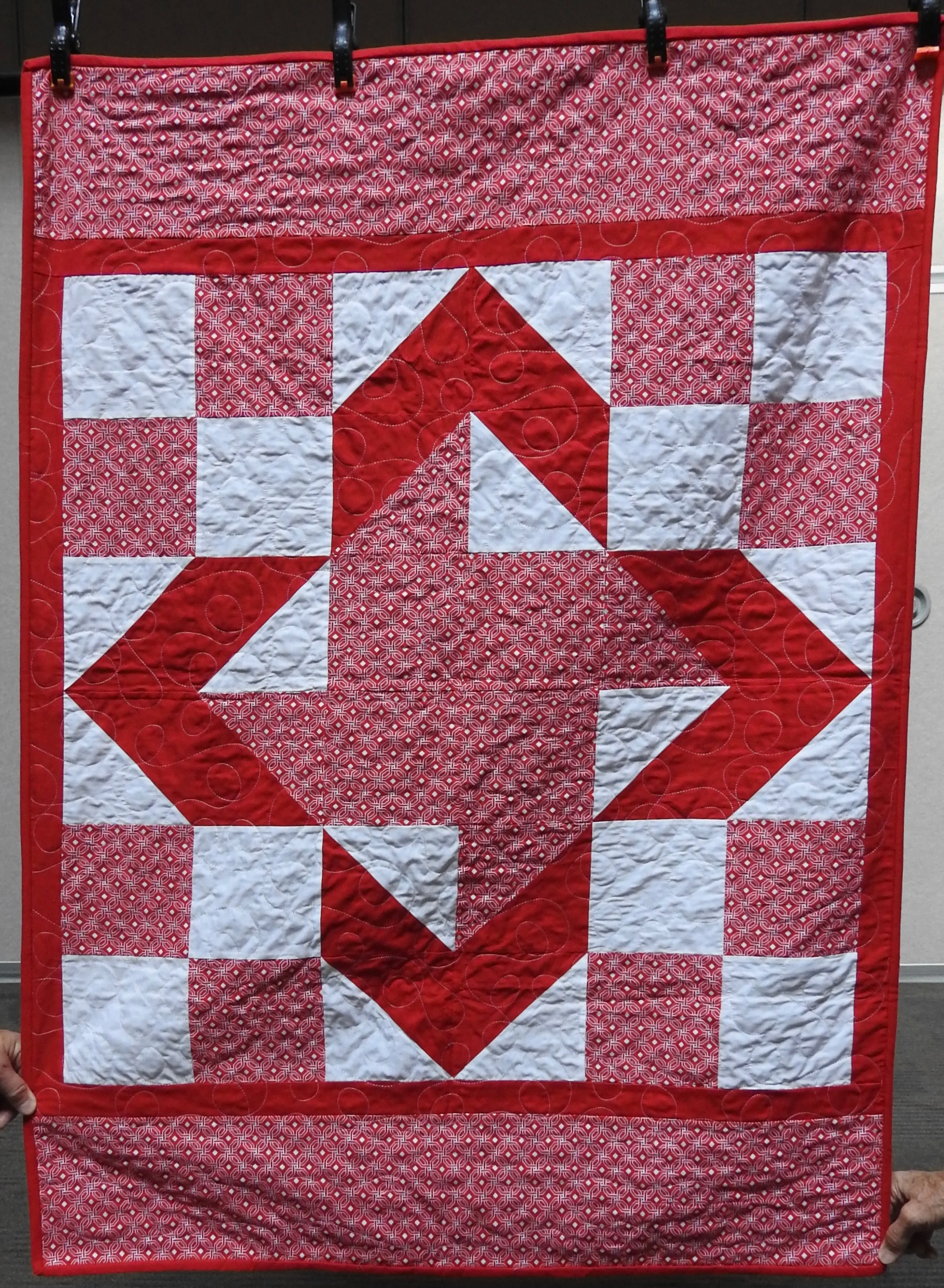 Windmill Variation Baby Quilt, Pieced, Plush Back, Edge to Edge Machine Quilted, donated anonymously, 36 x 50”