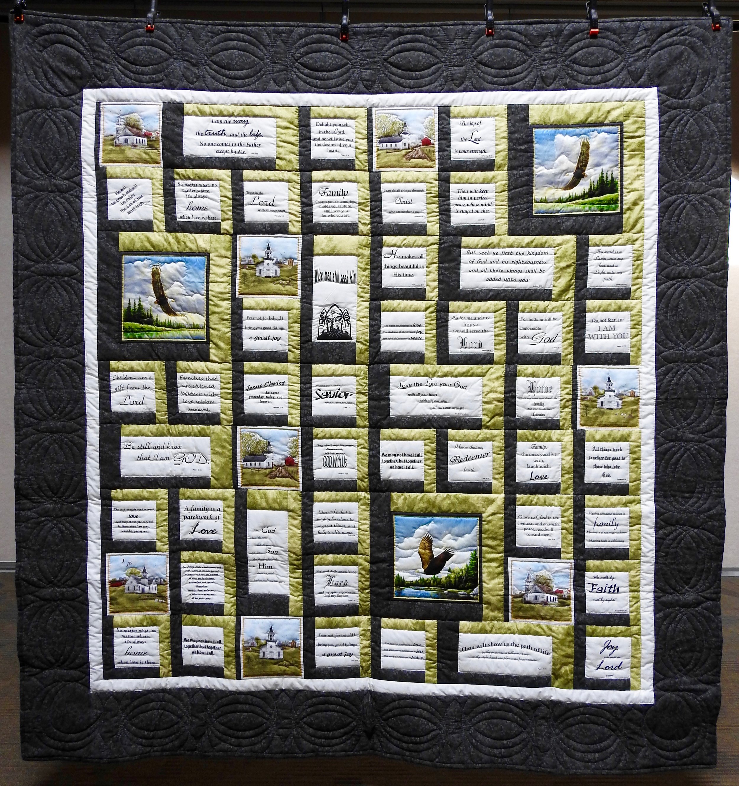  Bible Verses, Pieced, Pre=printed Panels, Hand Quilted, donated by the Crafty Ladies of Manor 2-Greencroft, 80 x 84”