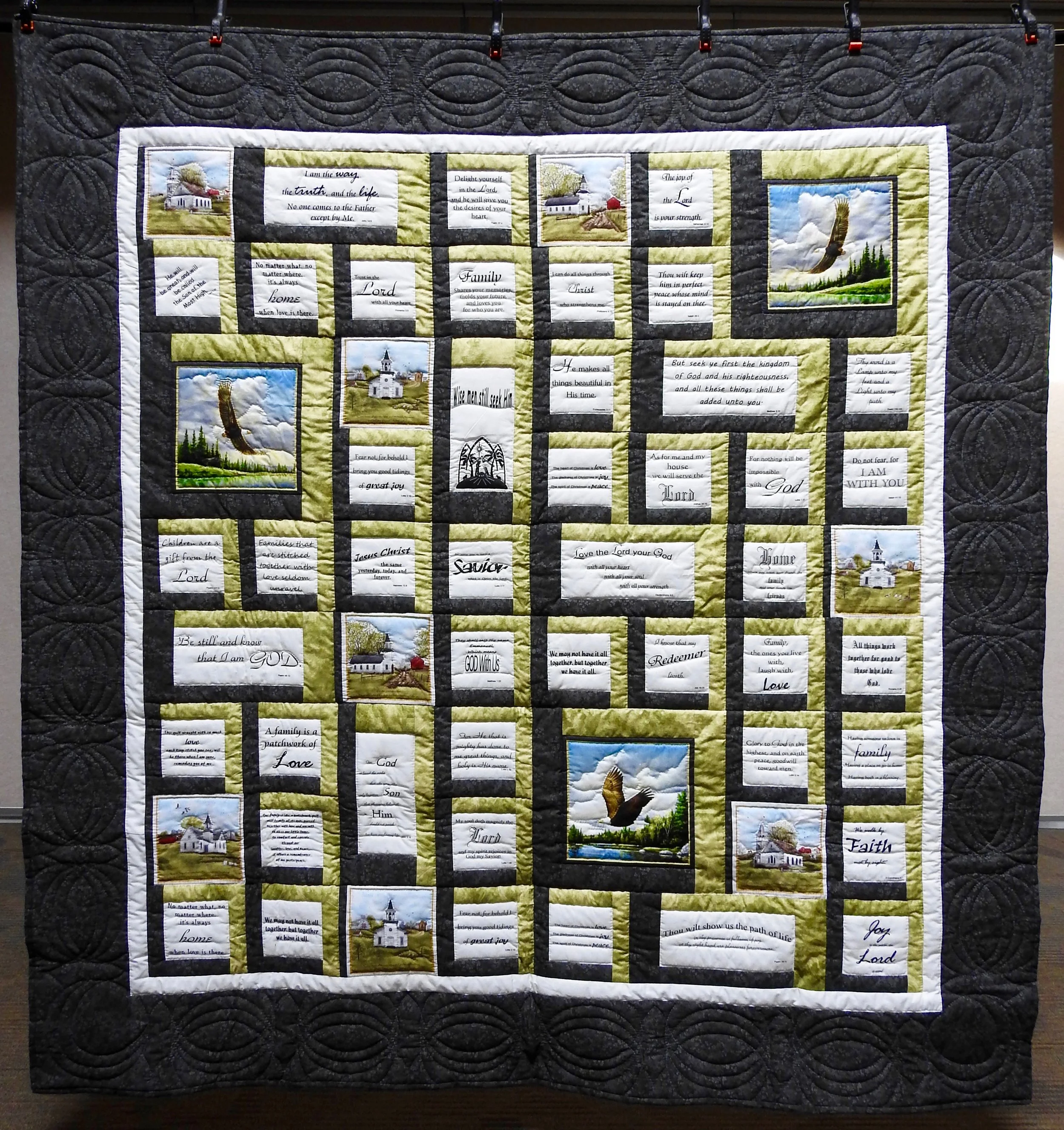 Bible Verses, Pieced, Pre=printed Panels, Hand Quilted, donated by the Crafty Ladies of Manor 2-Greencroft, 80 x 84”