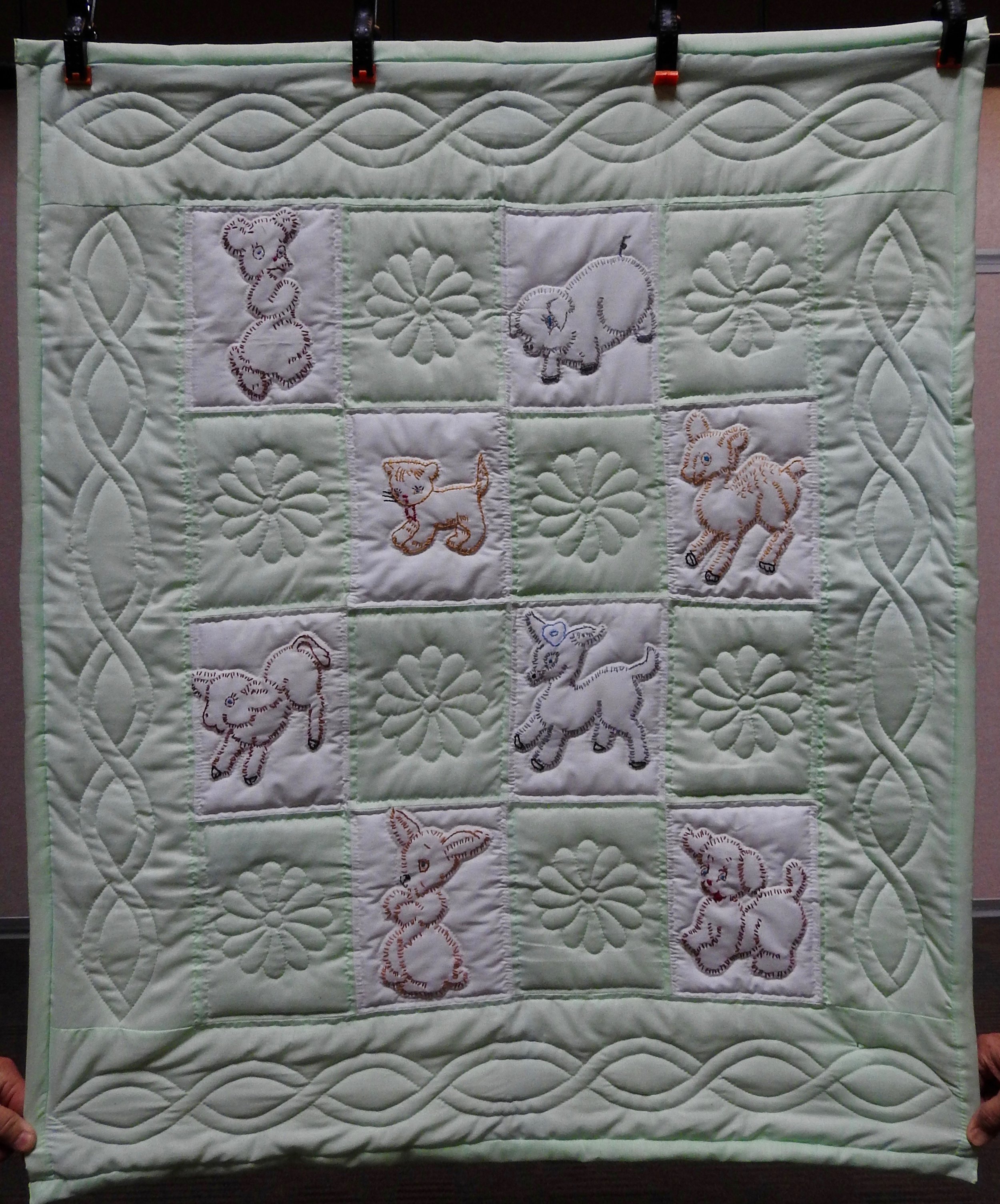 Precious Pets Baby Quilt, Pieced, Embroidered, Hand Quilted, donated by First Mennonite, Middlebury, 36 x 43”