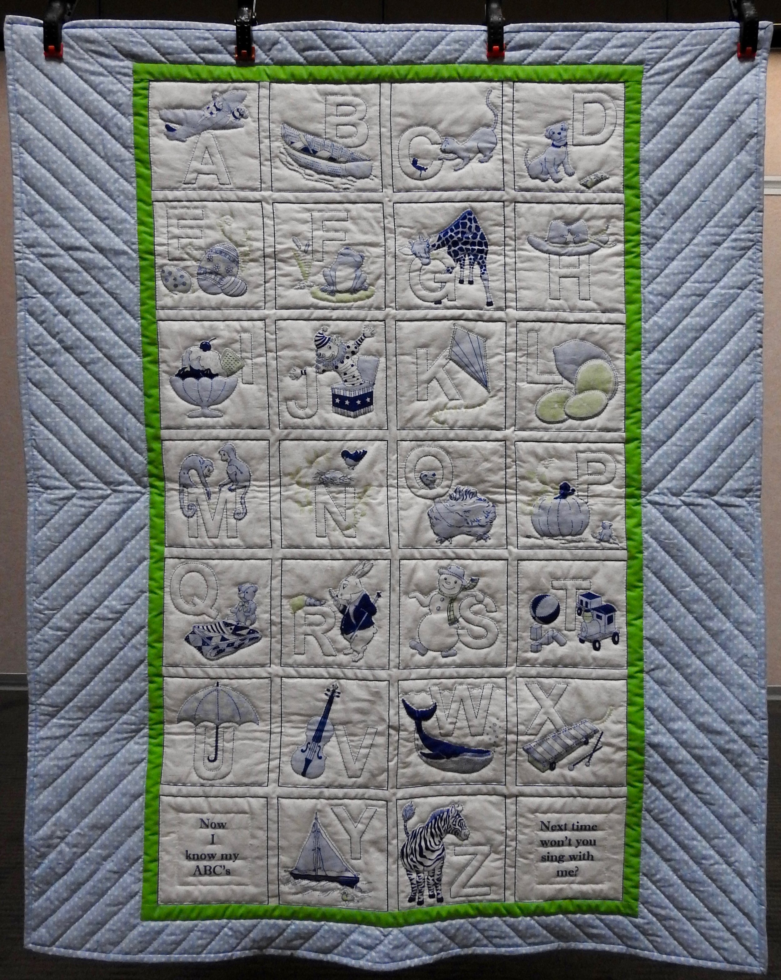 Alphabet Baby Quilt, Pre-printed fabric, Hand Quilted by Virginia A. Hartsough, 36 x 45