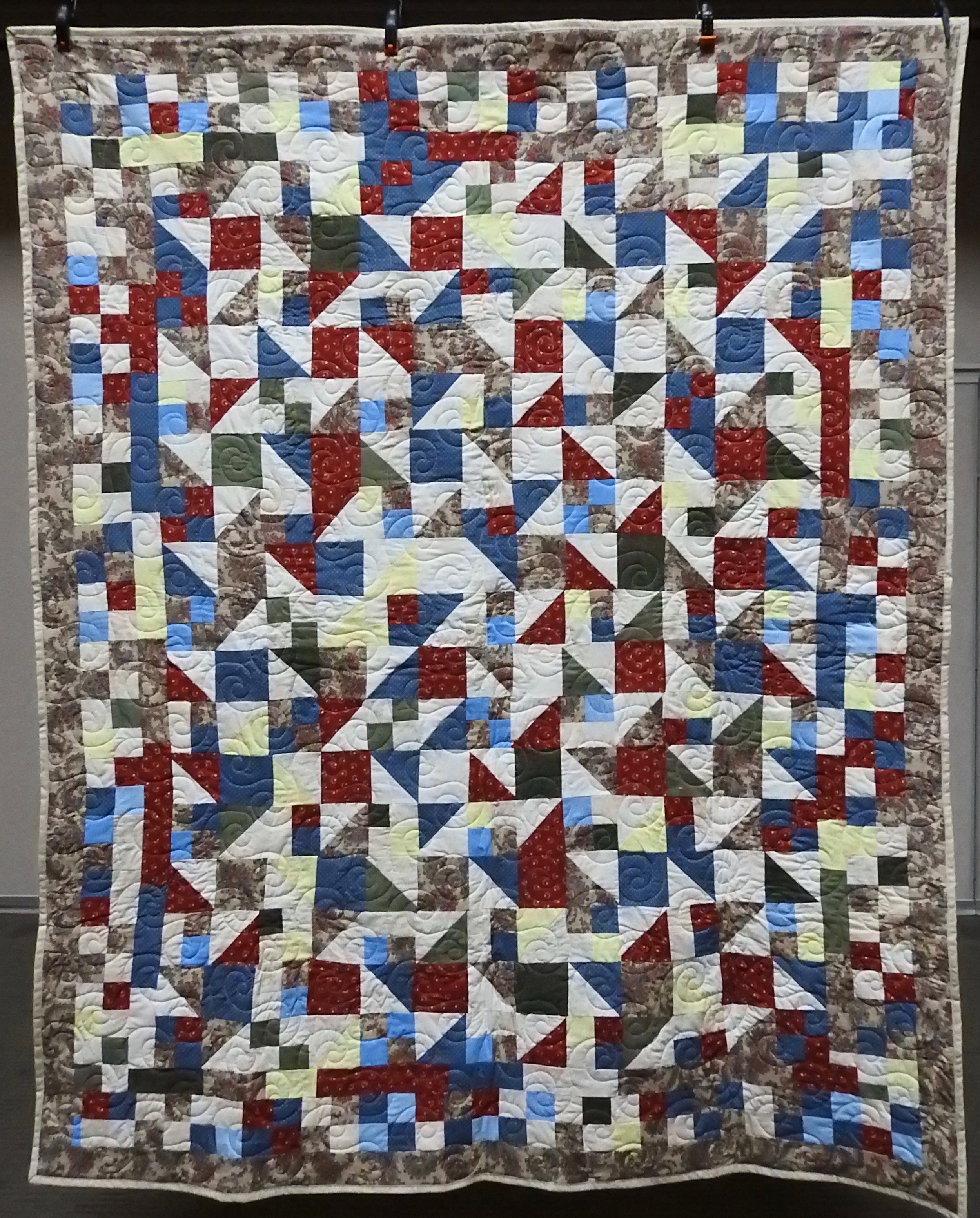 Happy Scrappy Bed Quilt, Pieced, Custom machine Quilted, donated by Barbara Jewett, 74 x 90”