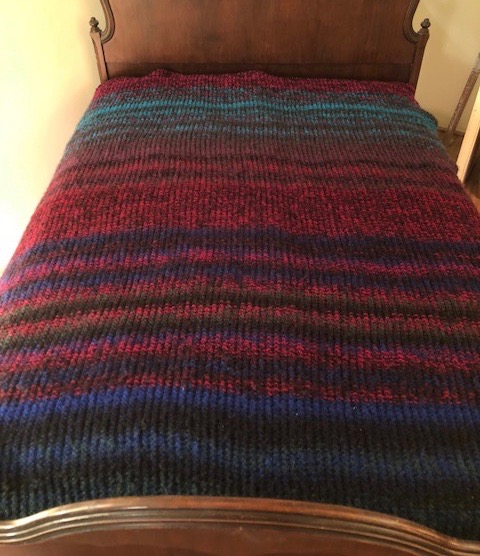 Blanket, Jeweltones, Knit, donated by Anita M. Hoffman, 60 x 80”