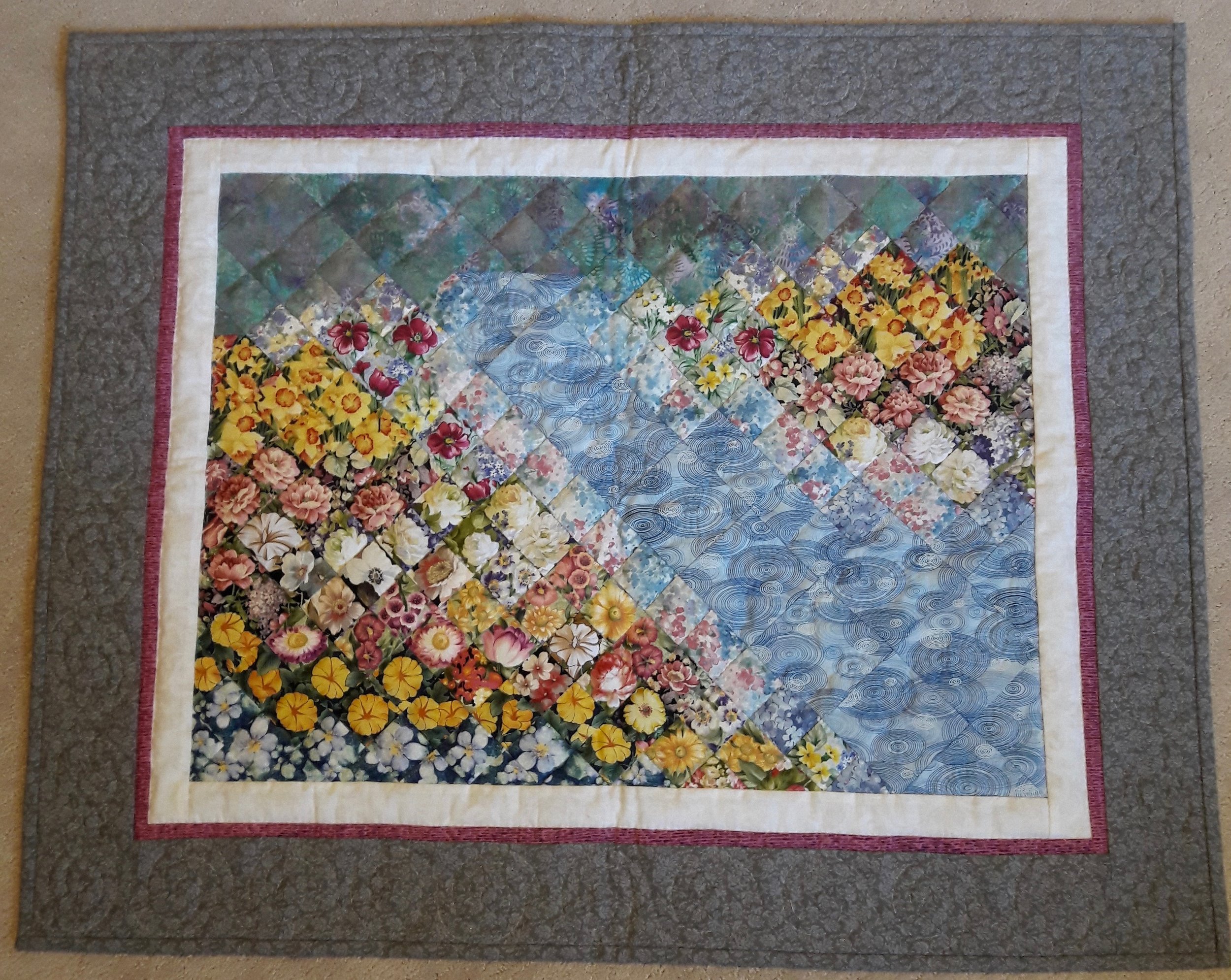 April Showers, May Flowers, Designed &amp; Pieced by Cindy Helmuth, Hand Quilted by Eunice Chupp, donated by Cindy Helmuth, 27 x 34”