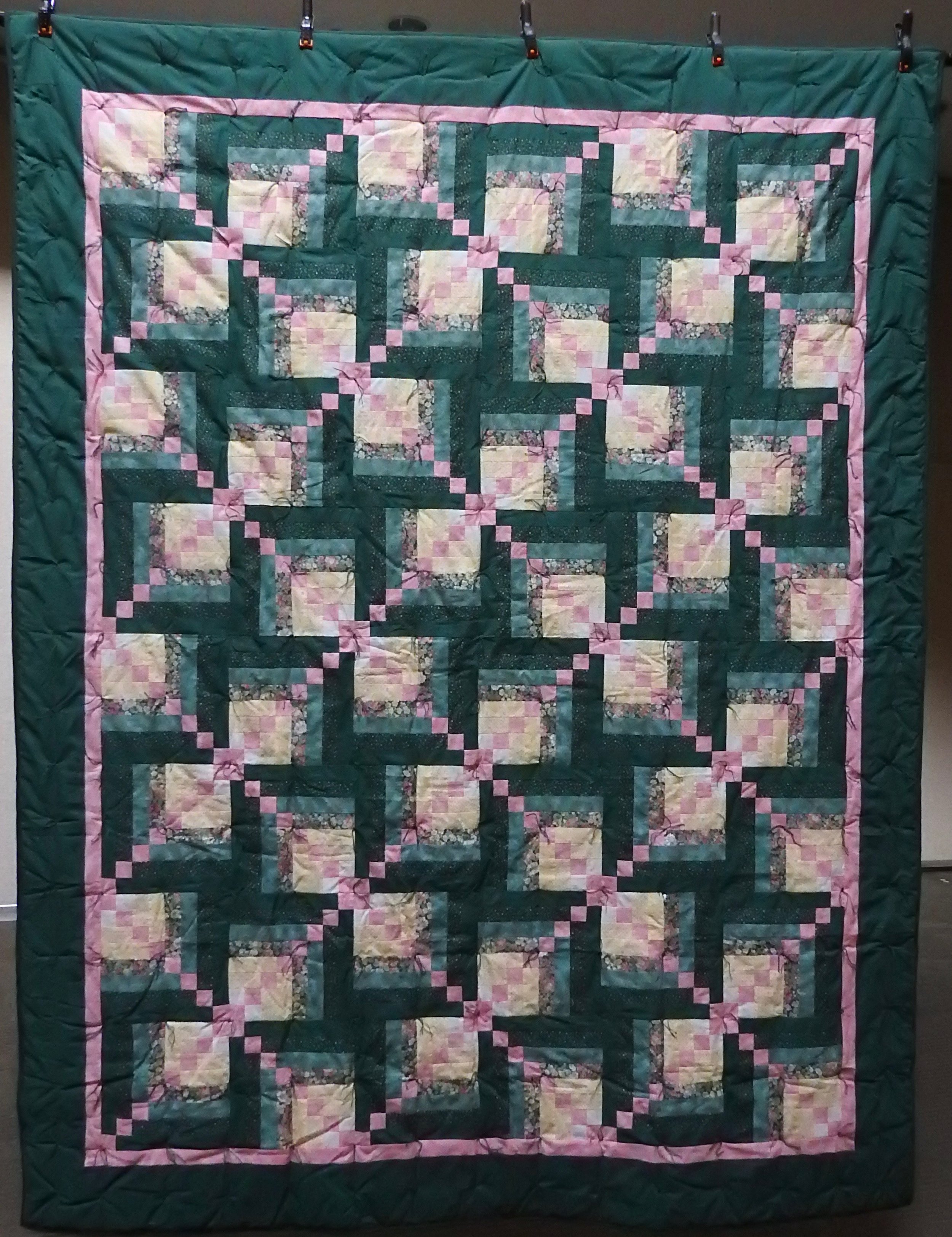 Log Cabin Variation Comforter, Pieced, Knotted, donated by Waterford Mennonite Women, 64 x 76”