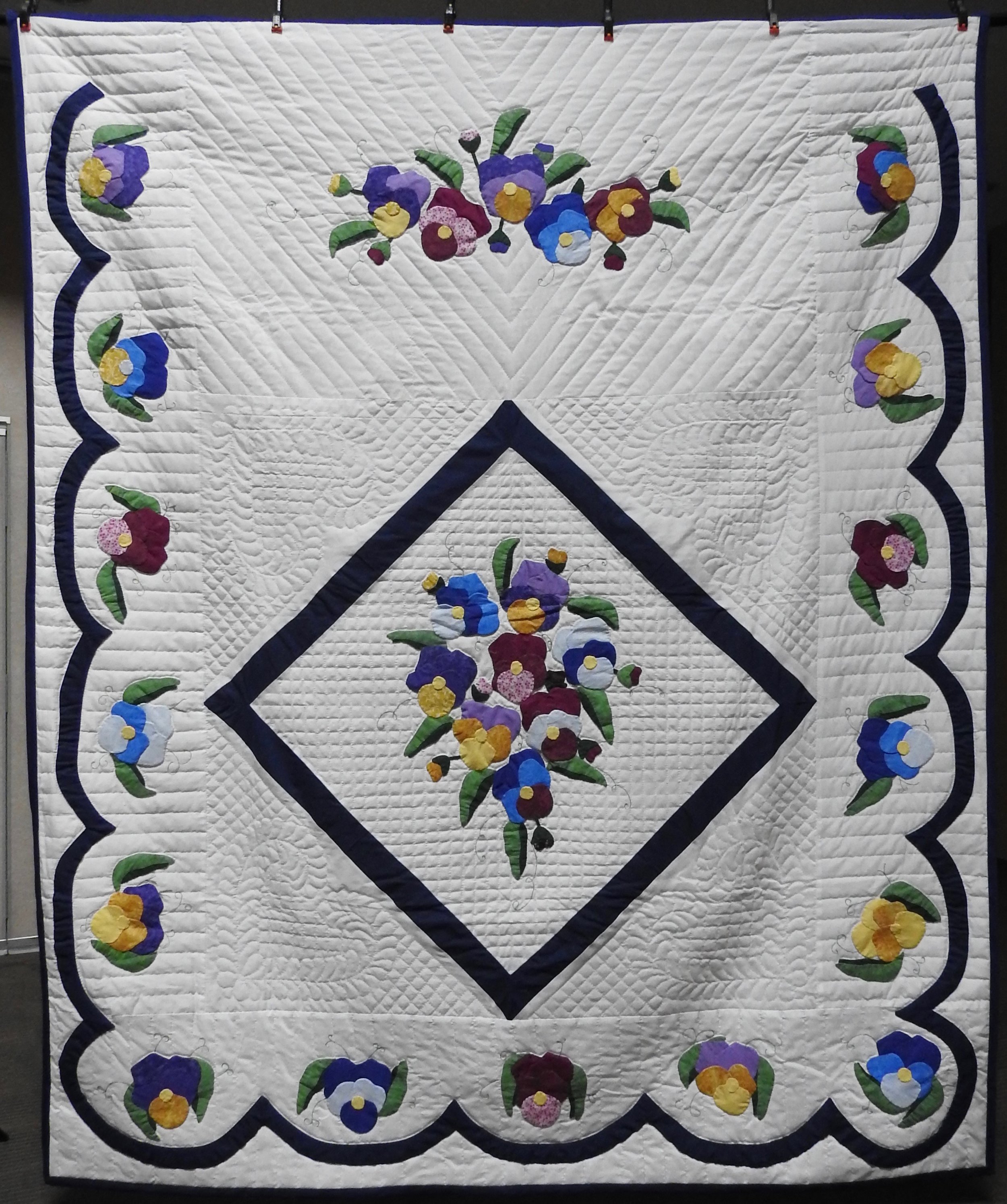 Pansies, Appliquéd &amp; Single Needle Hand Quilted, Signed &amp; Dated, donated by Marian Miller, 86 x 102”