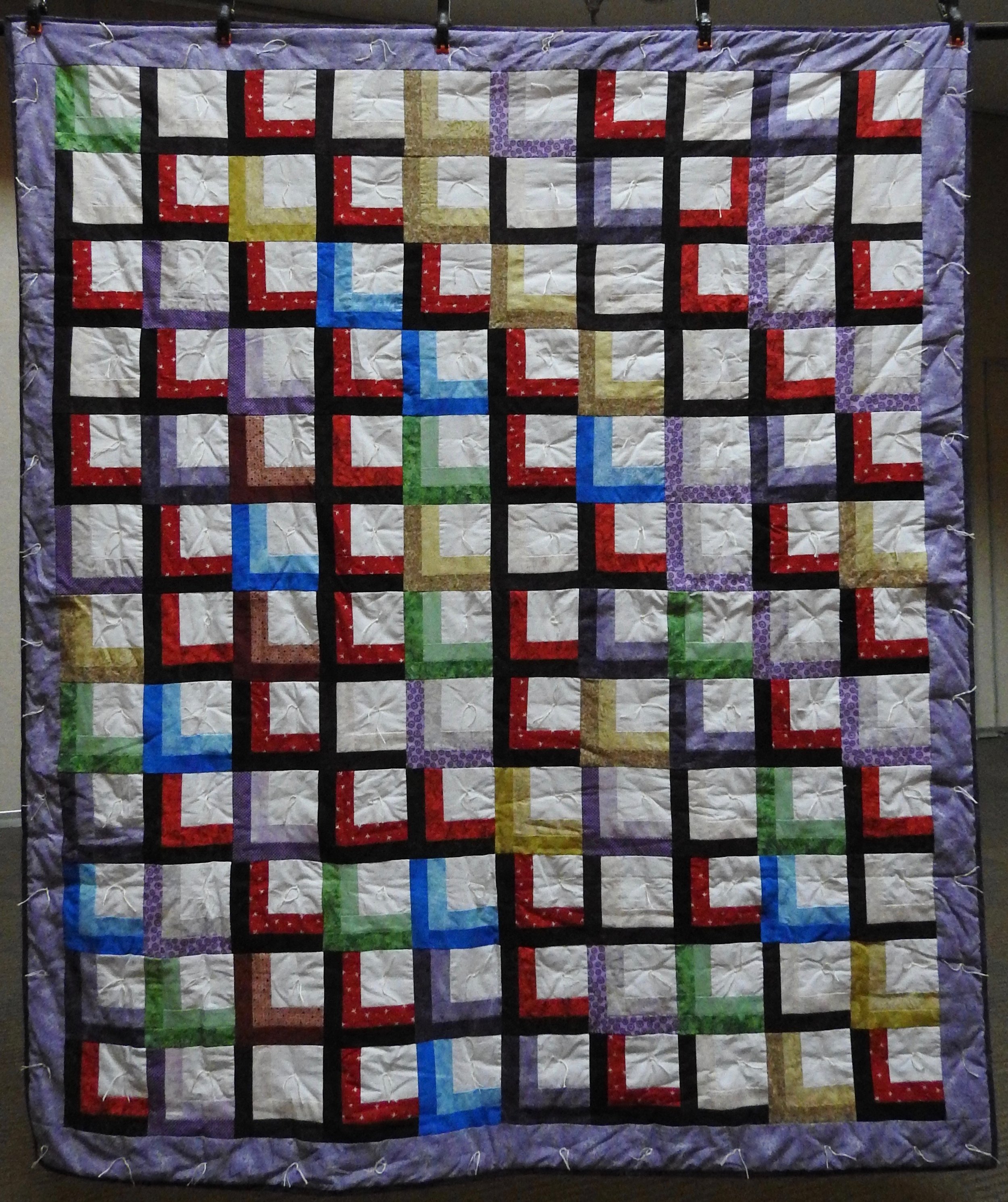 Shadow Boxes in My Window Comforter, Pieced, Decatur Knotted, donated by Silverwood Mennonite Women, 47 x 60”