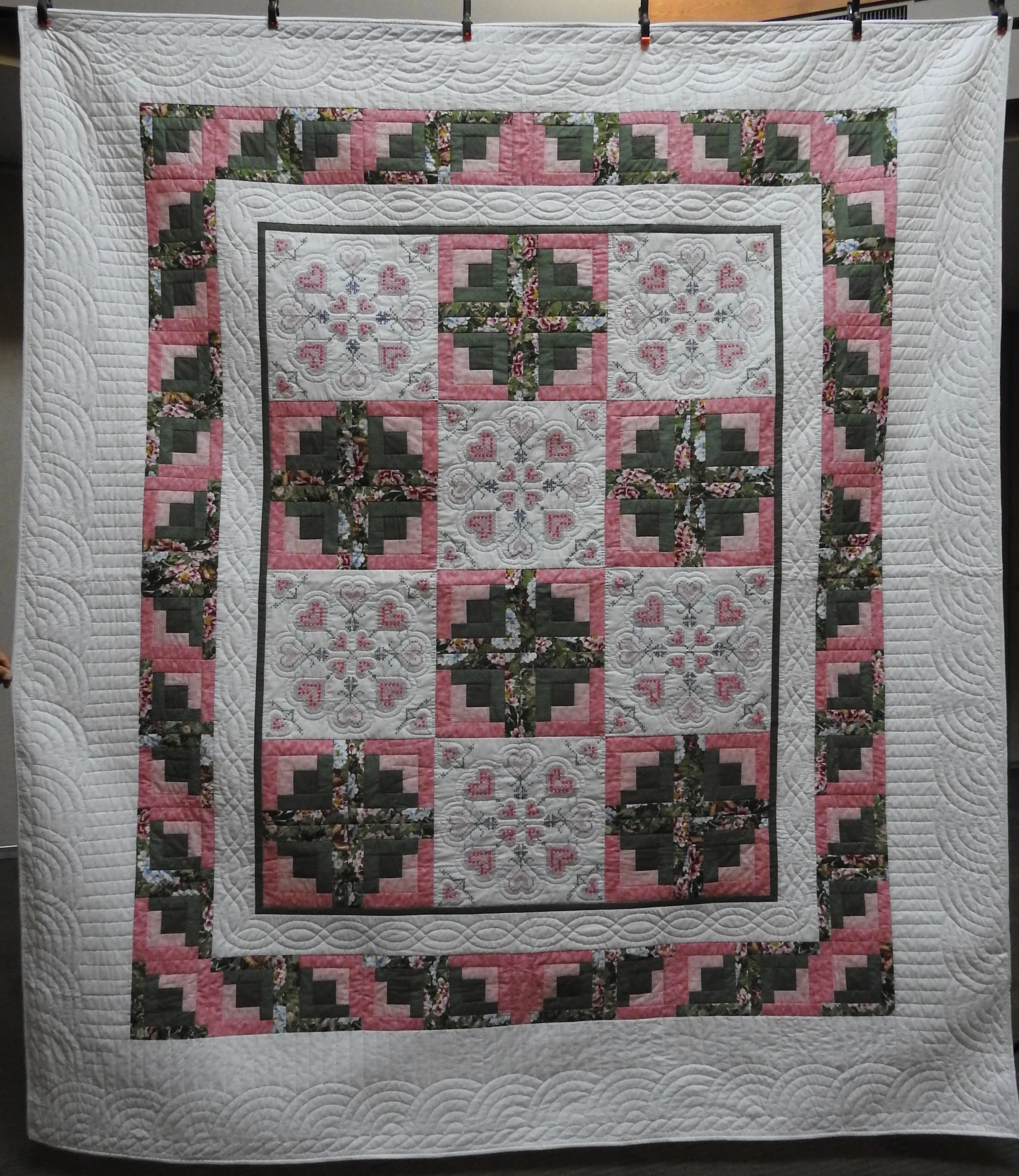 Log Cabin Variation, Pieced, Embroidered, Hand Quilted, donated by Townline Mennonite Church, 95 x 108”