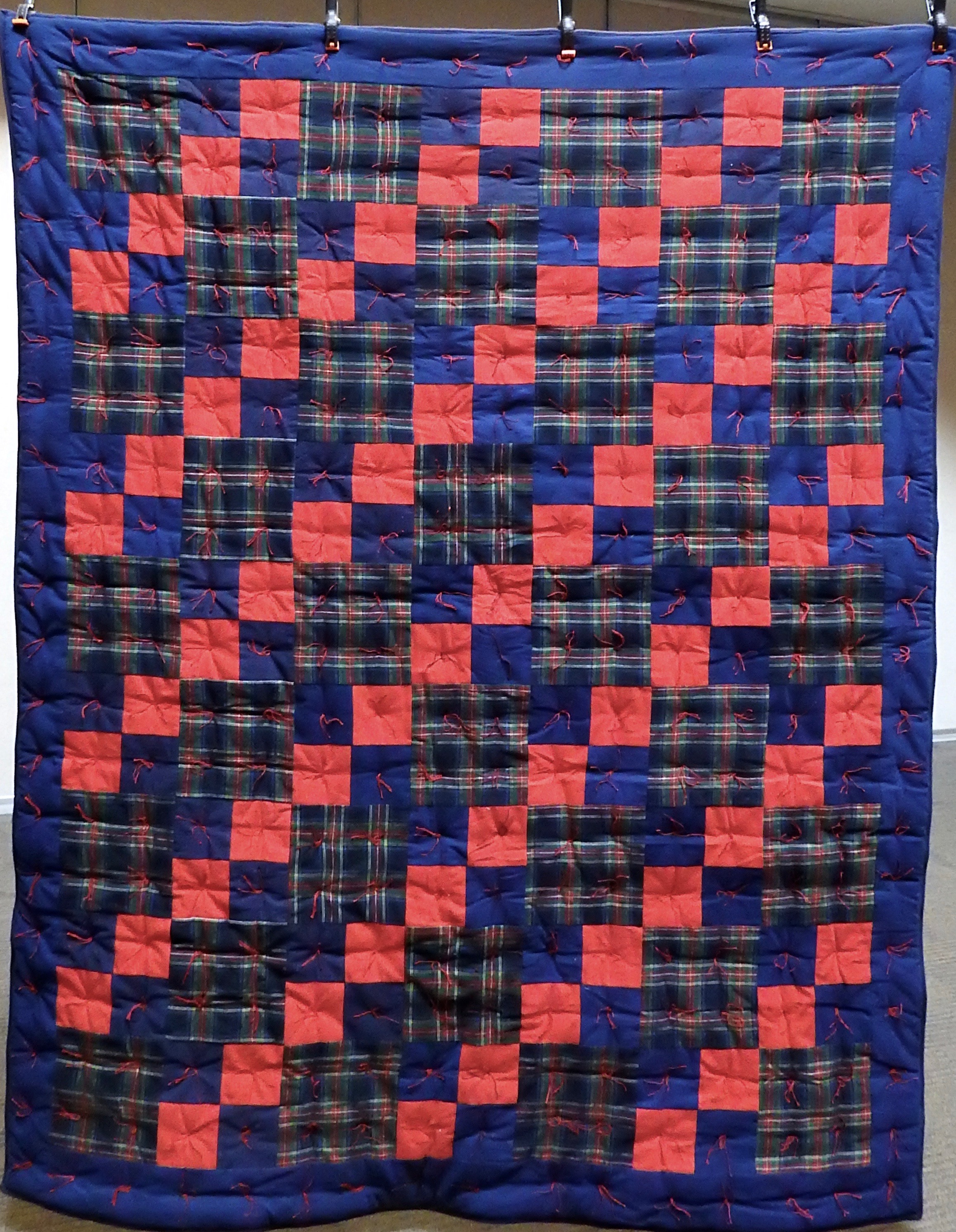 Plaid Flannel Comforter, Pieced, Knotted, donated by Waterford Mennonite Women, 64 x 76”