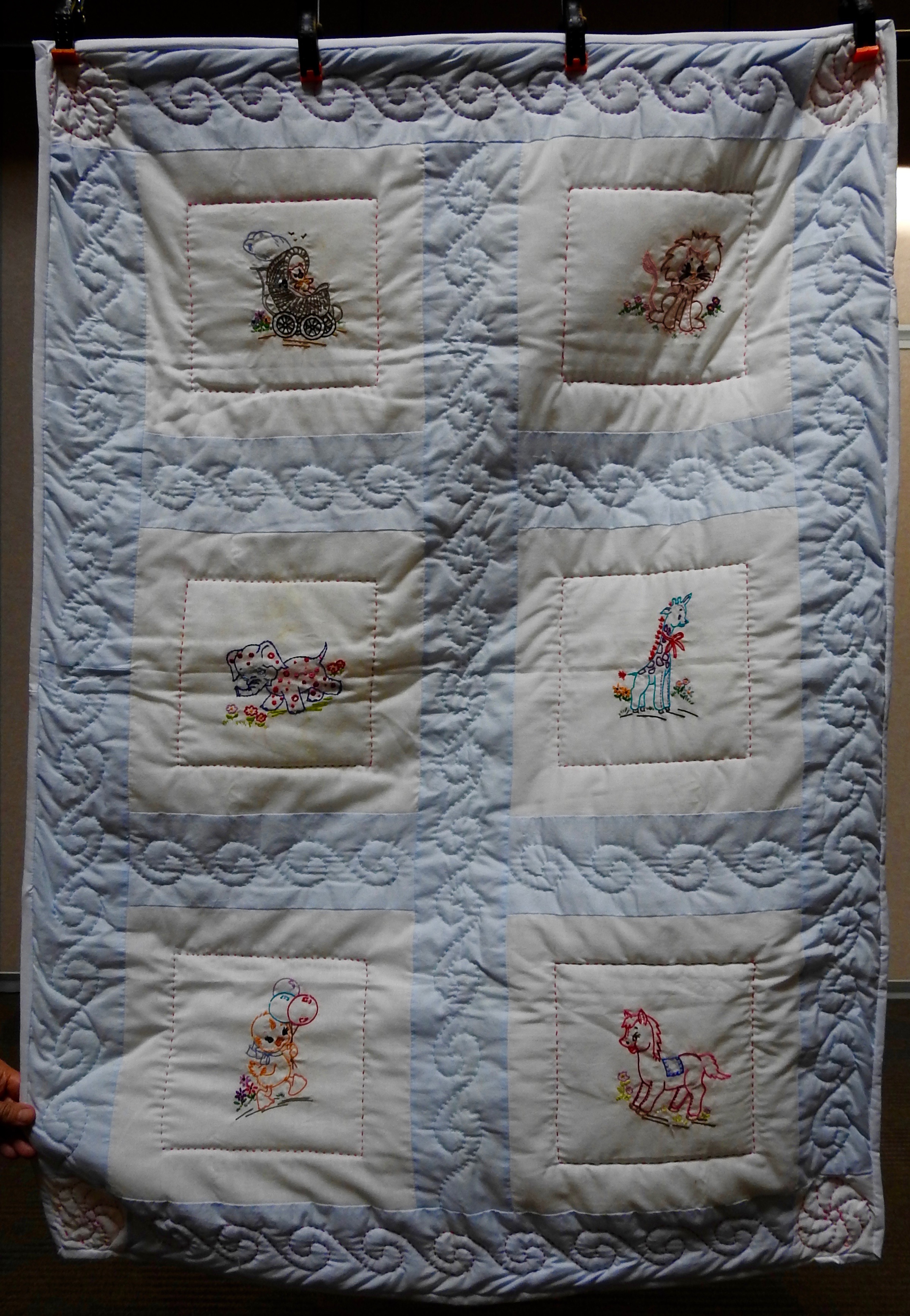 Animal Fun Baby Quilt, Pieced, Embroidered, Long Stitch Hand Quilted, donated by First Mennonite, Middlebury, 35 x 50”