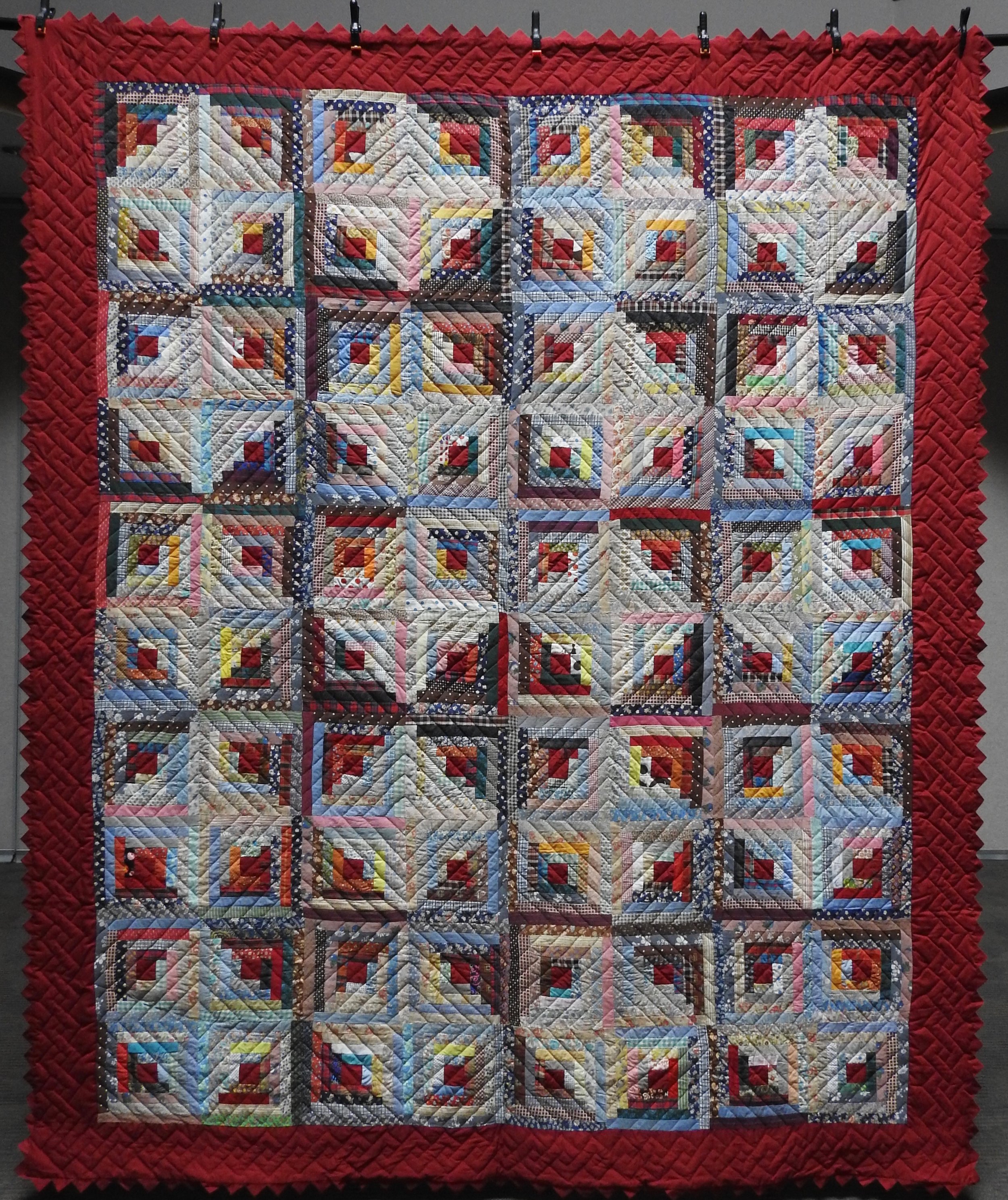 Scrappy Log Cabin with Prairie Points, Pieced &amp; Hand Quilted, 92 x 11”