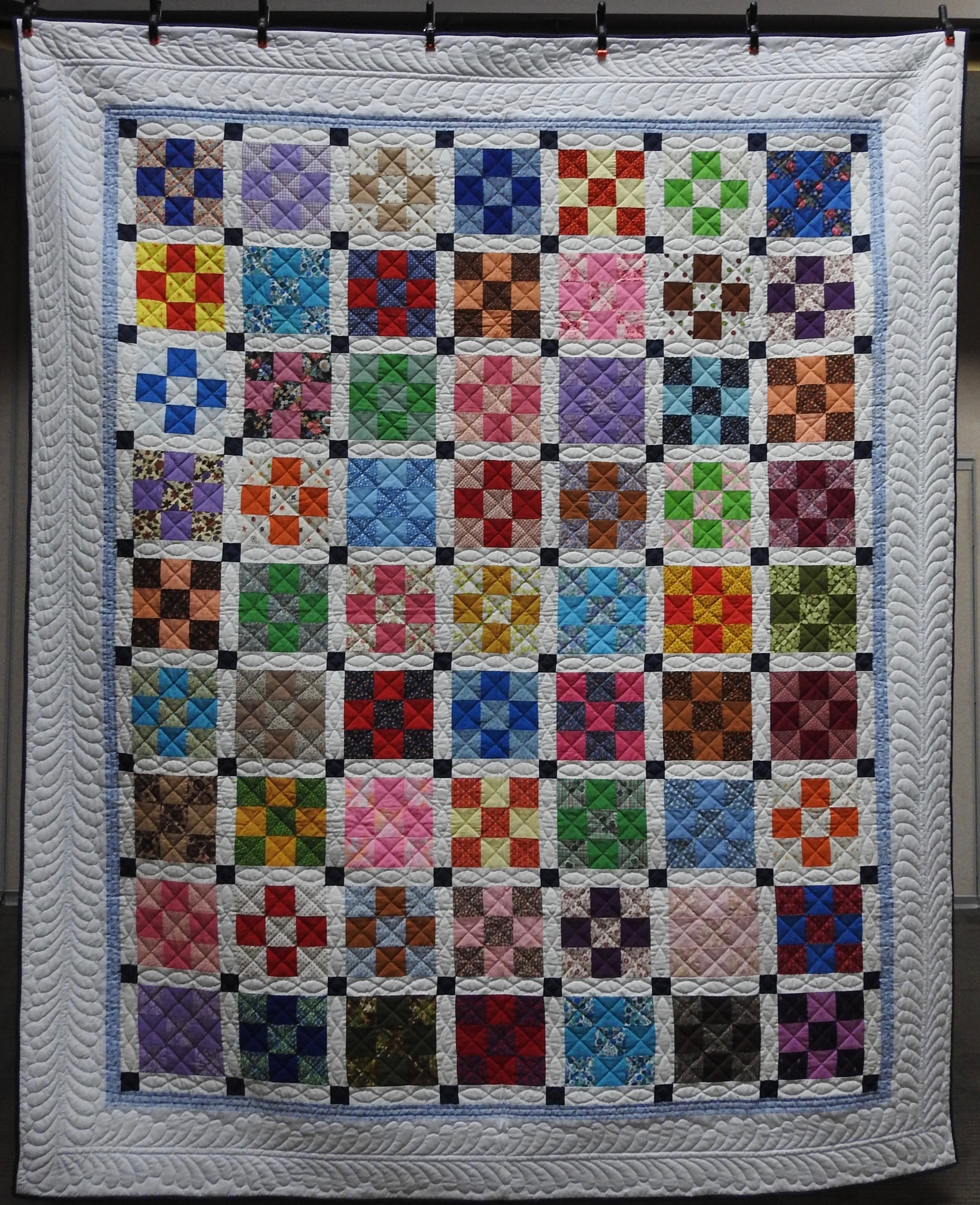  Happy Nine Patch, Pieced &amp; Hand Quilted, 89 x 108”