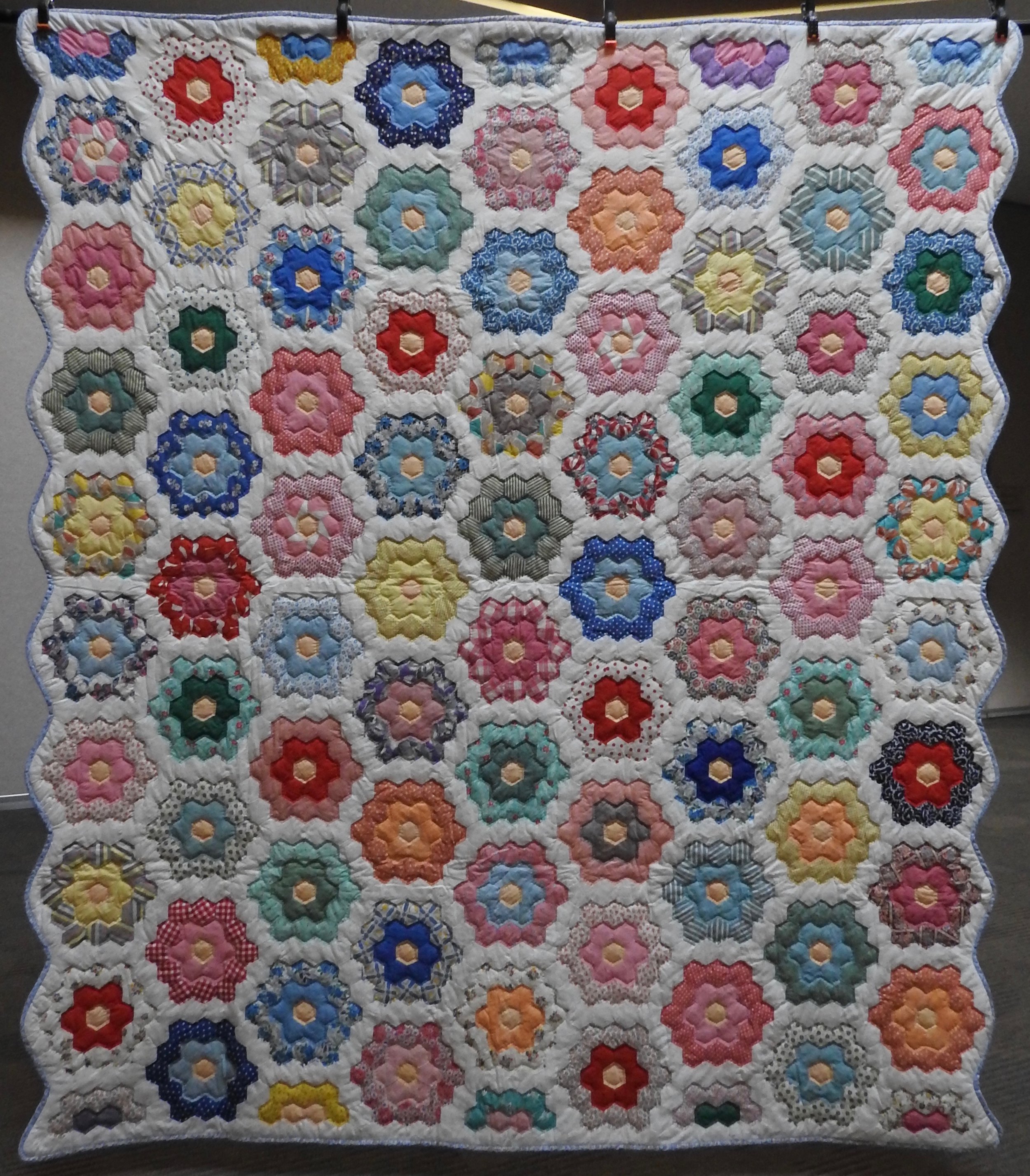 Flower Garden, Pieced &amp; Hand Quilted, 79 x 90”