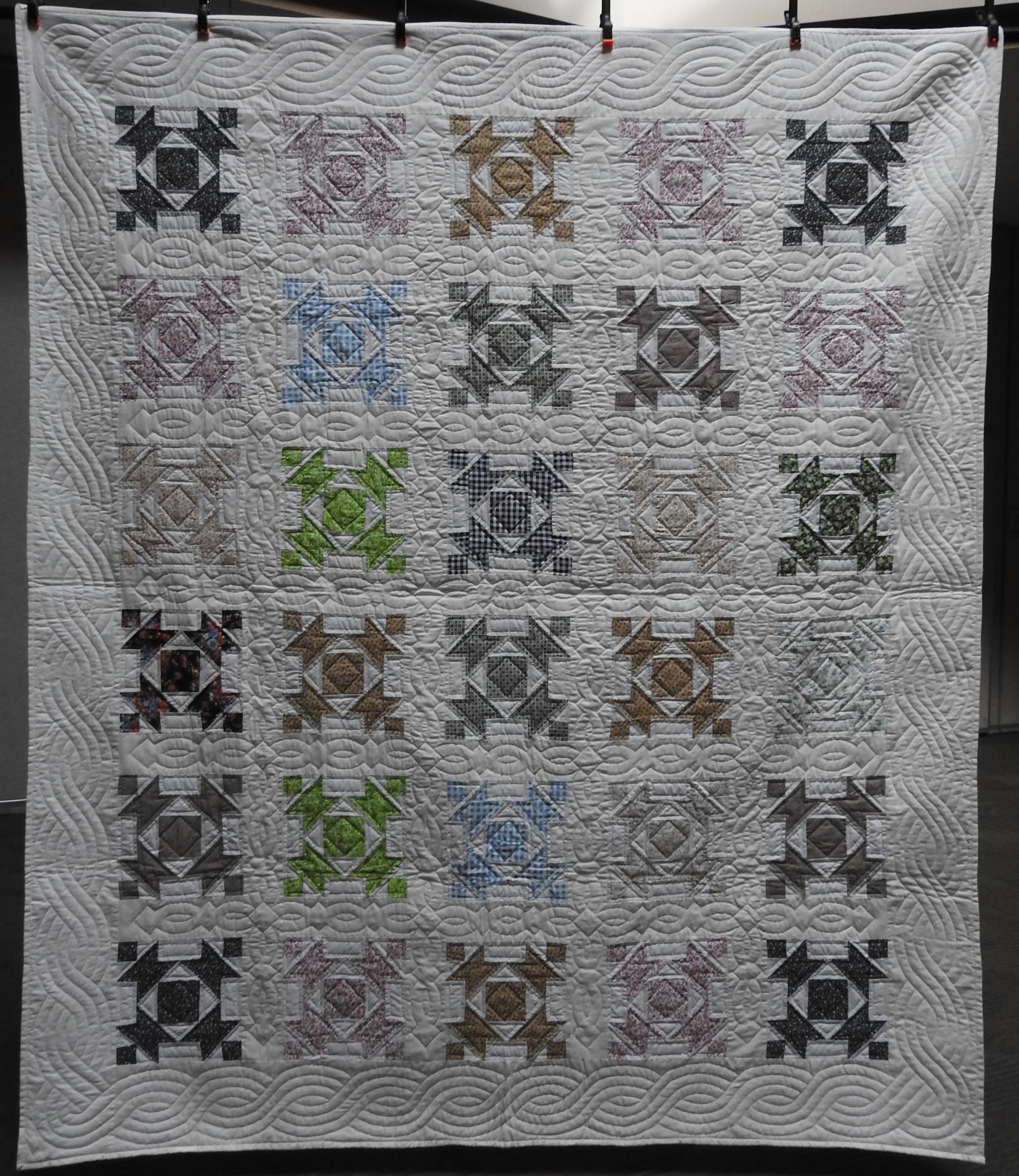 Anvils &amp; Squares, Pieced &amp; Hand Quilted, 82 x 96”