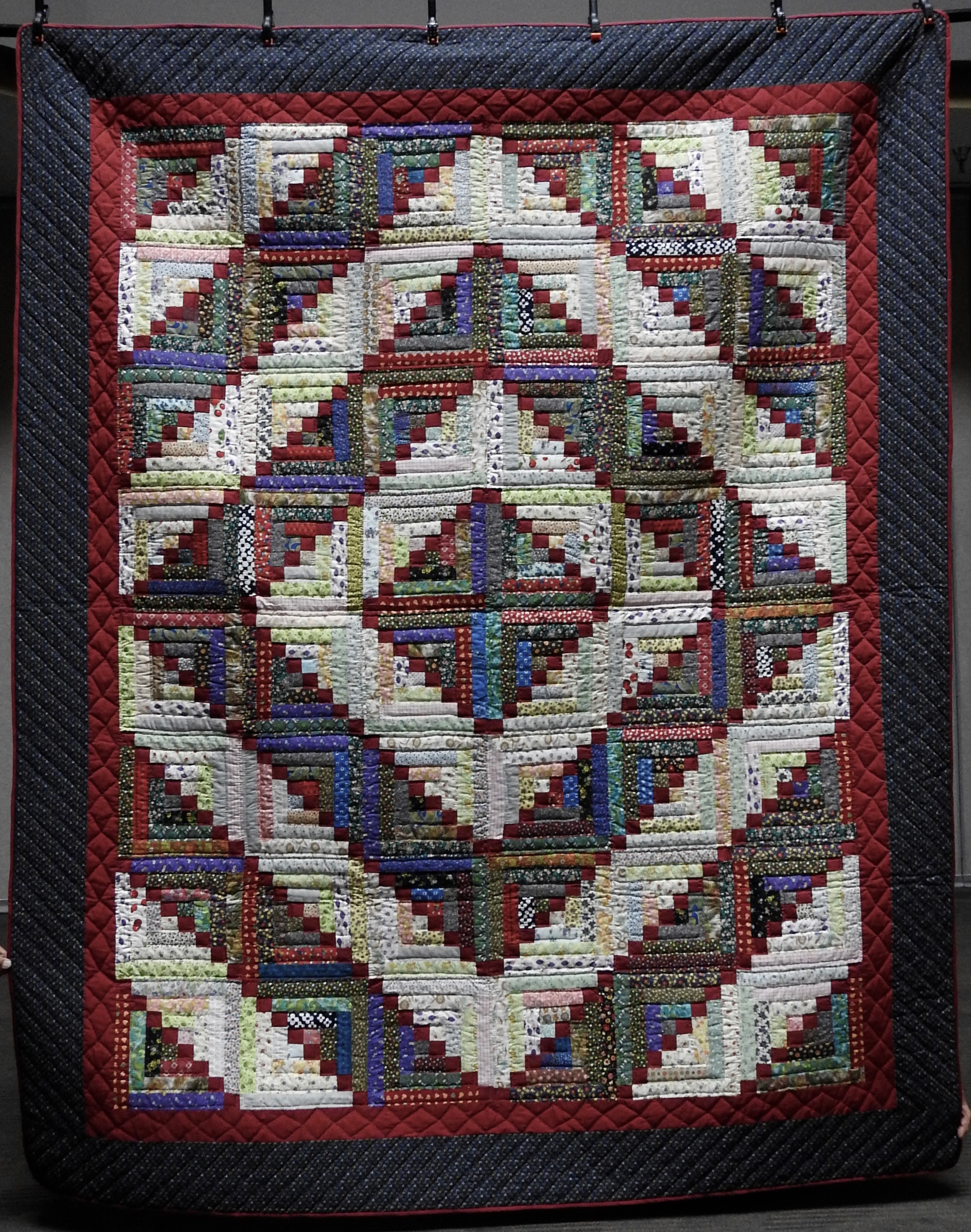 Log Cabin Plus, Pieced &amp; Hand Quilted, 86 x 105”