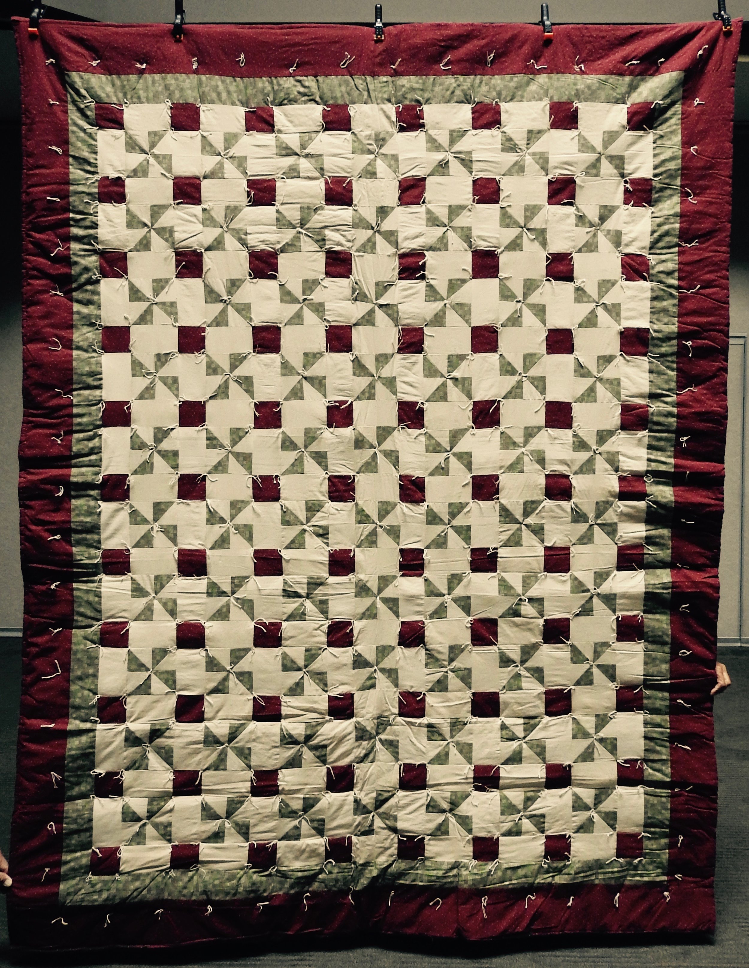 Nine Patch Pinwheel, Pieced &amp; Knotted, 74 x 97”