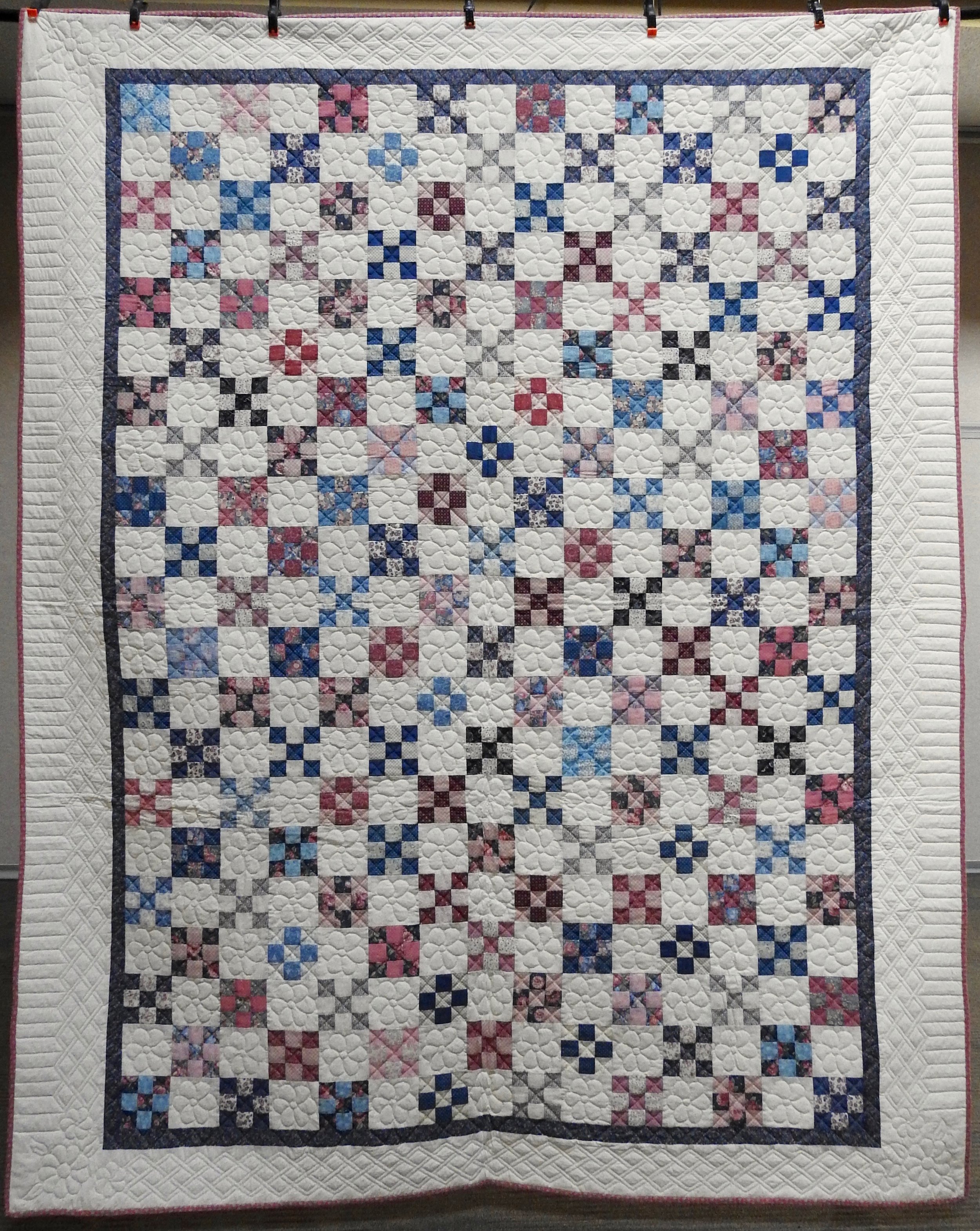 Nine Patch Delight, Pieced &amp; Hand Quilted, Signed &amp; Dated, 86 x 108”