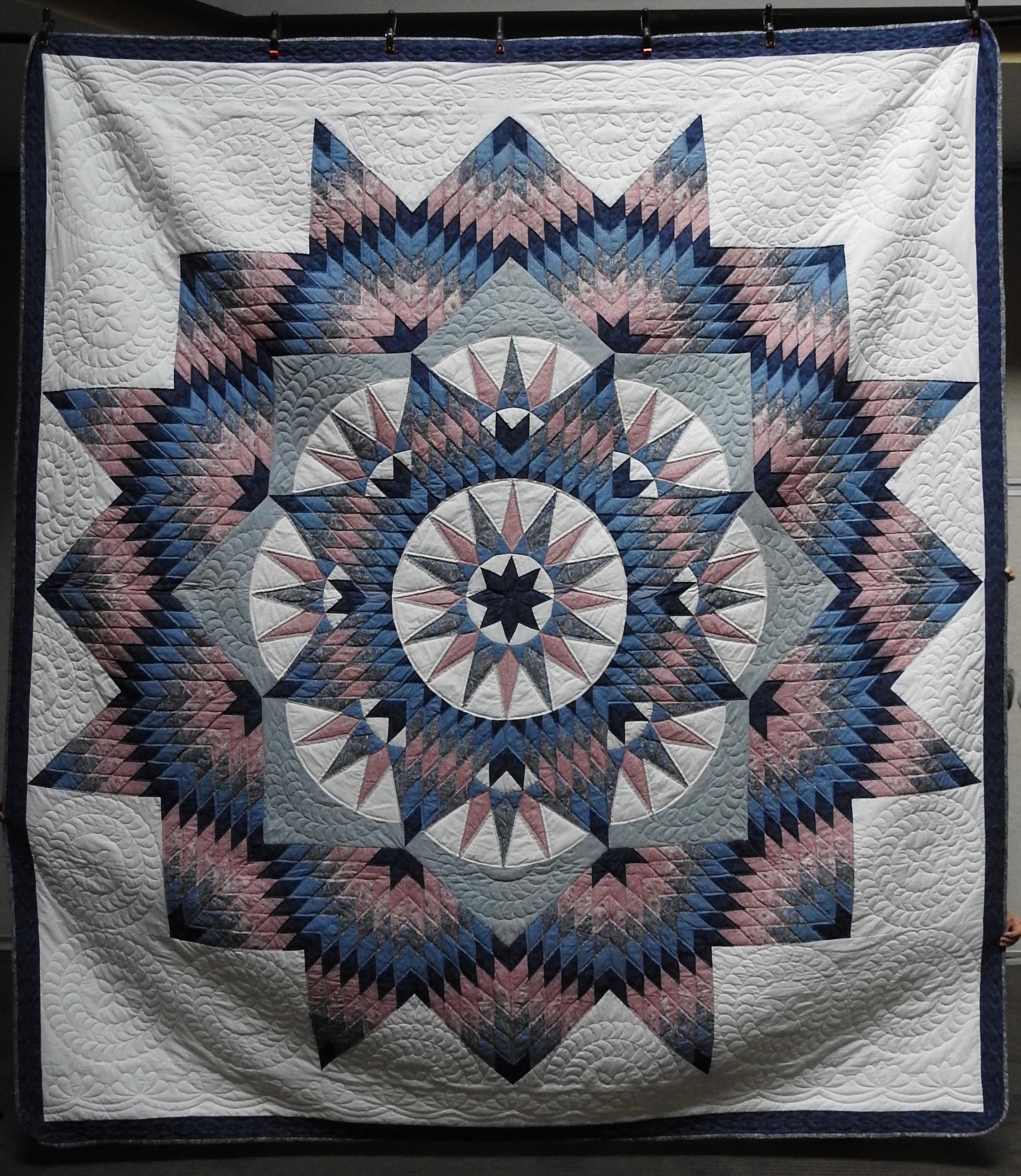 Mariners Compass Star, Pieced &amp; Hand Quilted, 106 x 130”