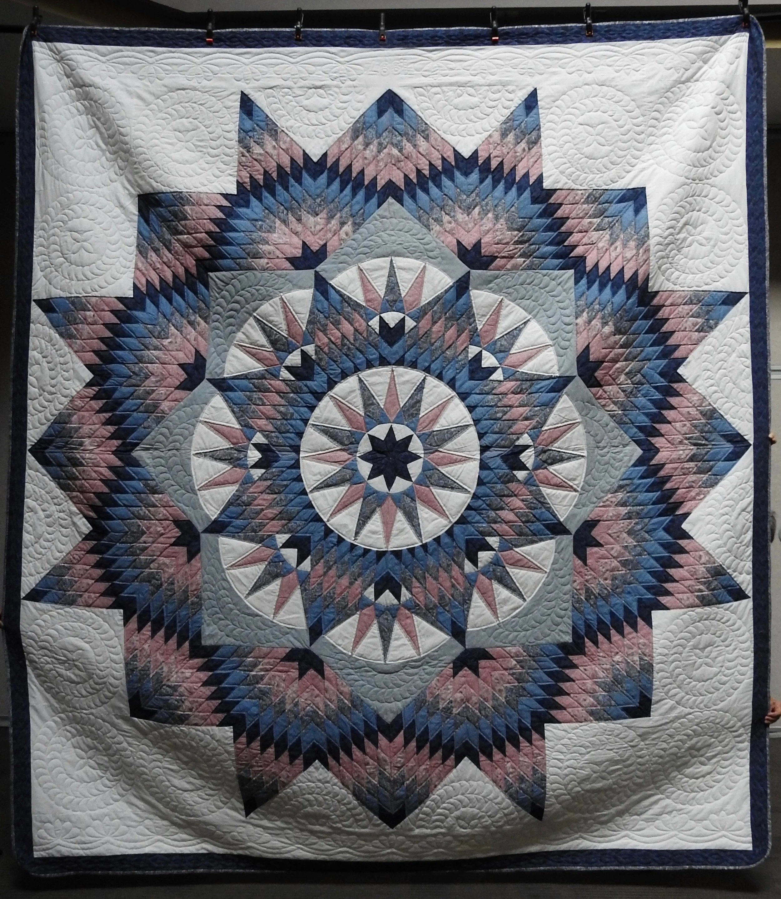 Mariners Compass Star, Pieced & Hand Quilted, 106 x 130”