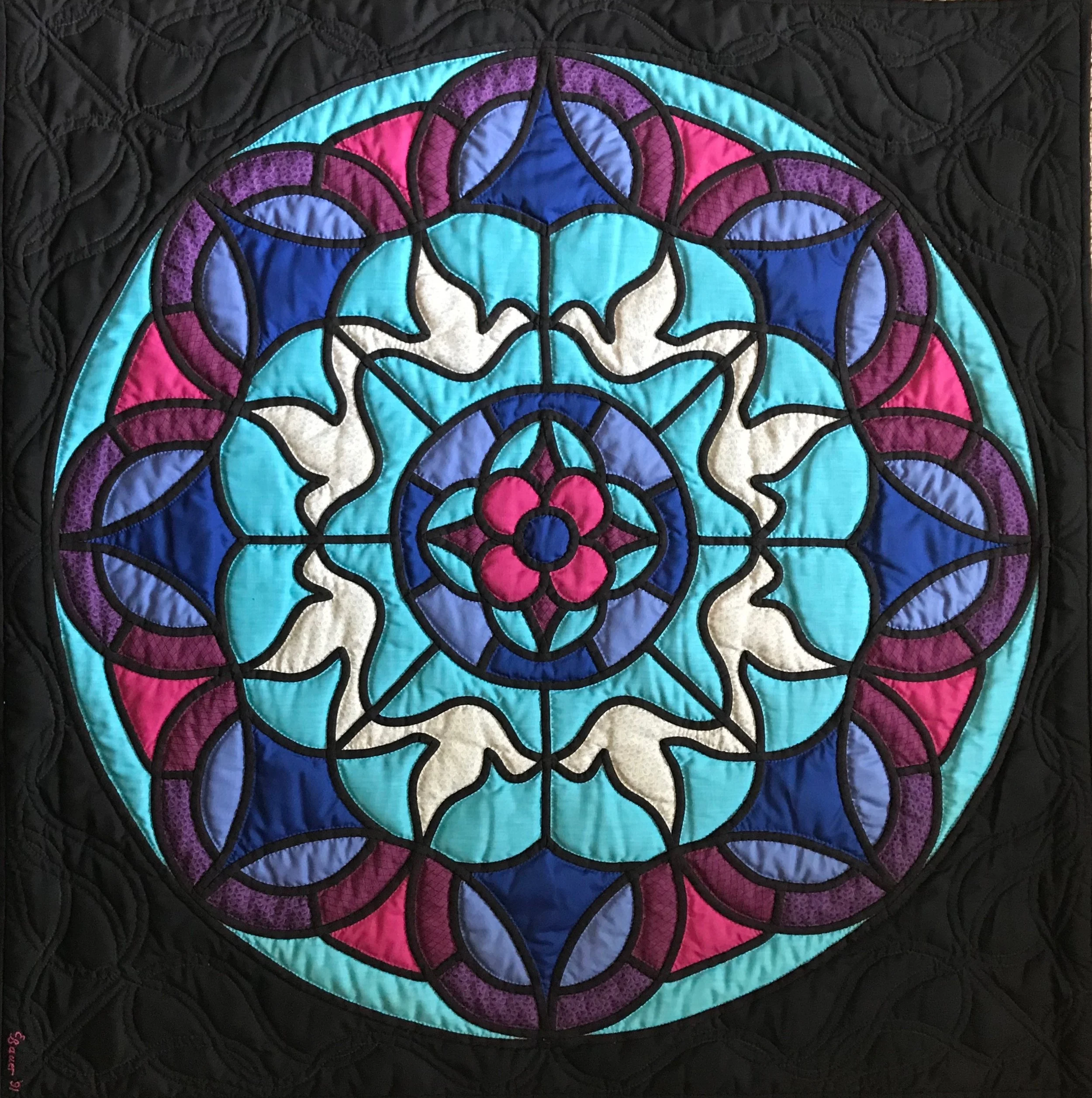 Stained Glass Window with Doves, Pieced, Appliquéd & Hand Quilted by Evelyn Bauer, donated by Steve McClain, 34 x 34