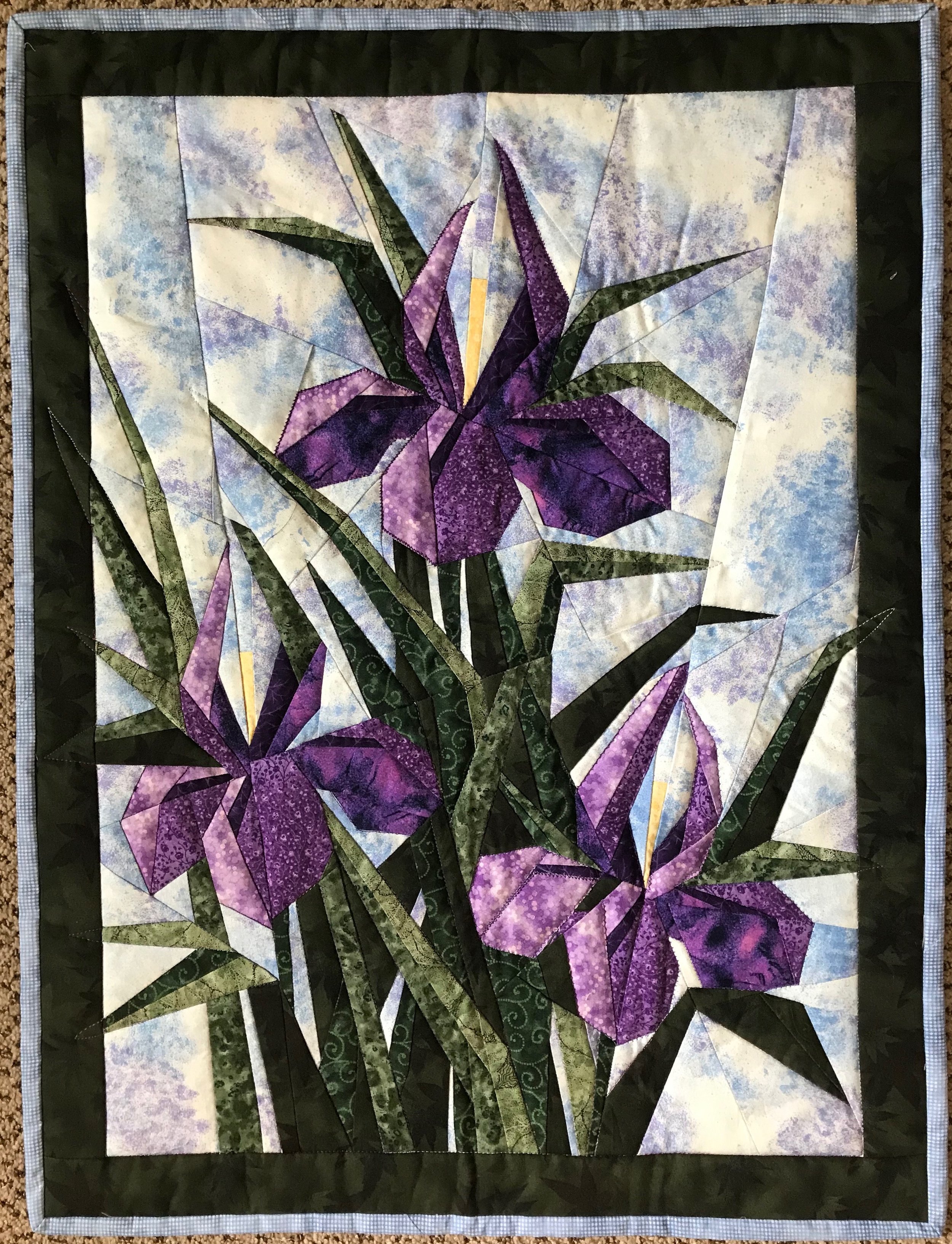 Three Iris Flowers, Pieced, Machine Appliquéd &amp; Quilted, donated anonymously,  21 x 29”