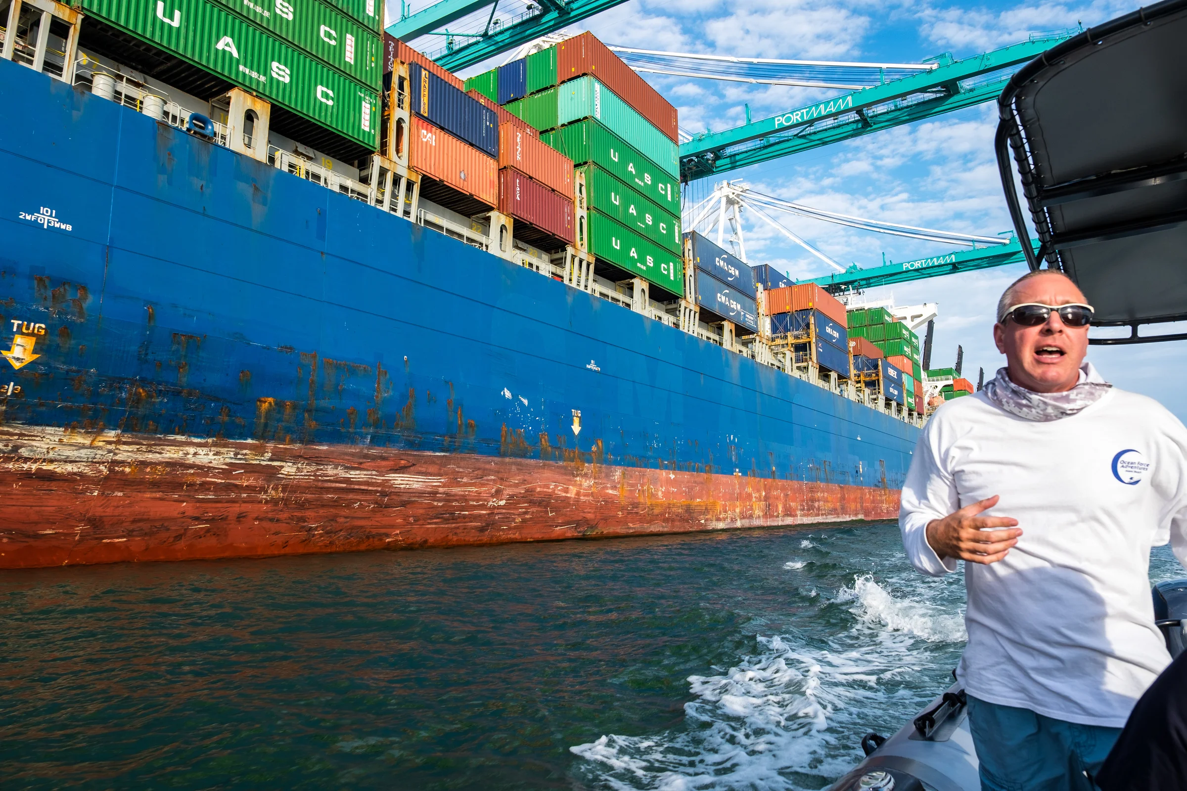 Captain Matt of Ocean Force Adventures explains the Port of Miami. | Credit: Jonathan Irish