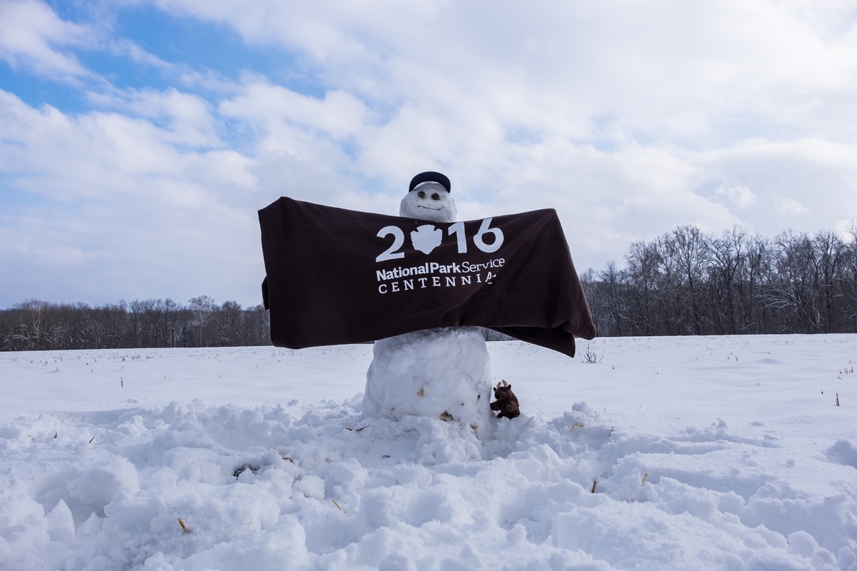 Our Centennial Sn owman and Buddy Bison on a wonderful snowy day in Cuyahoga Valley National Park! 