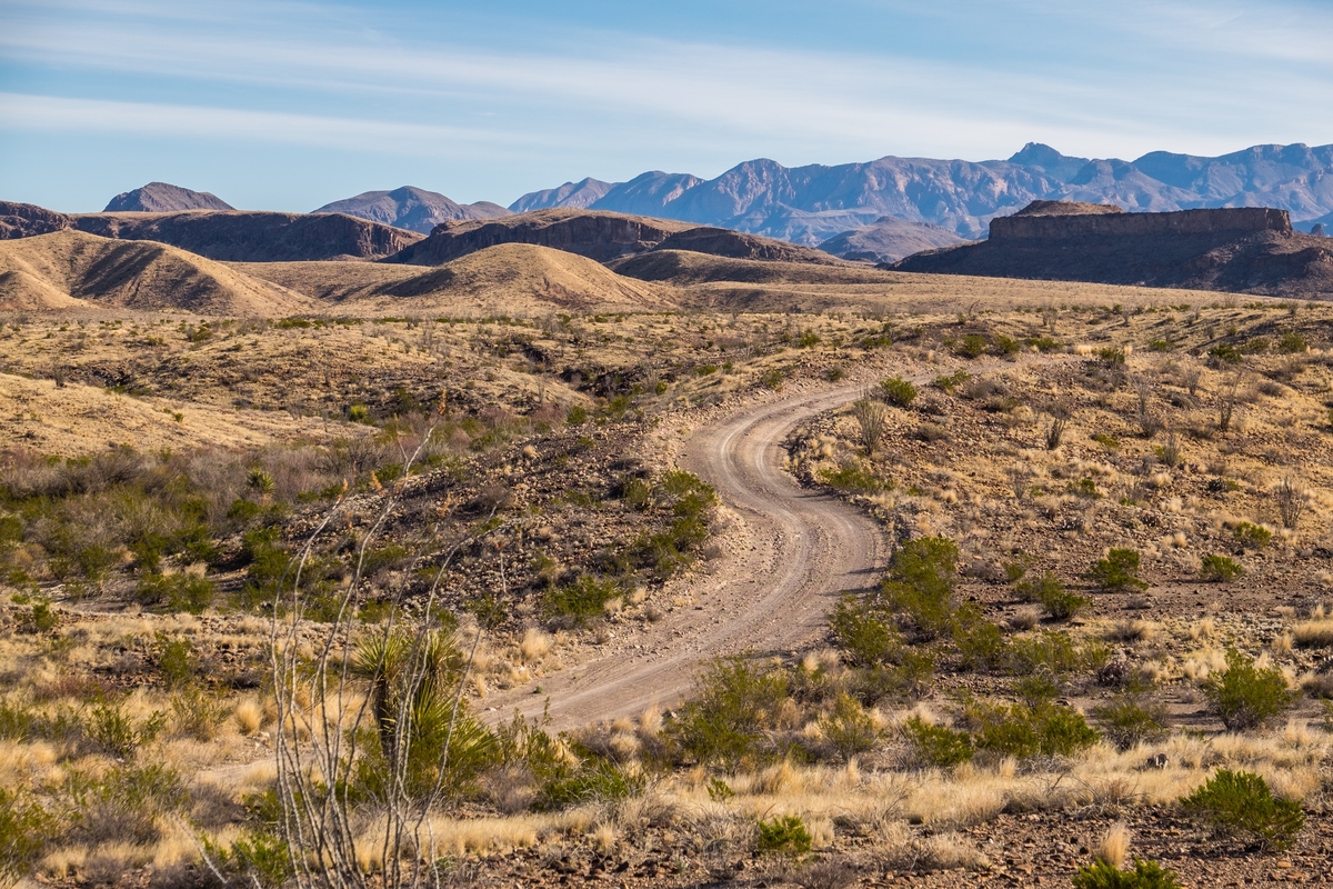 River Road is a 50-mile primitive road winding along the Rio Grande River that borders the United States and Mexico. 