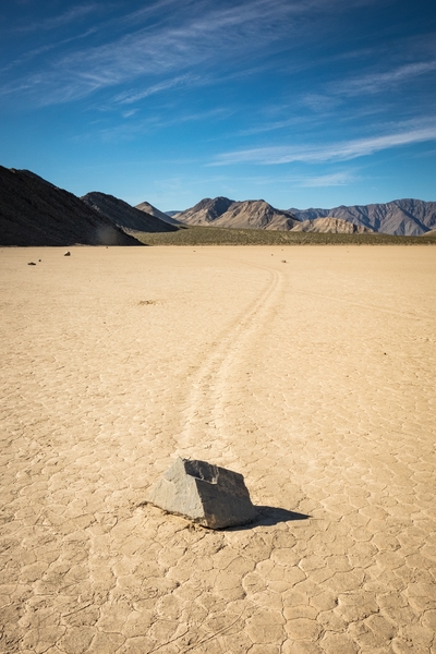 A "sailing stone" lays still at The Racetrack at Death Valley. 
