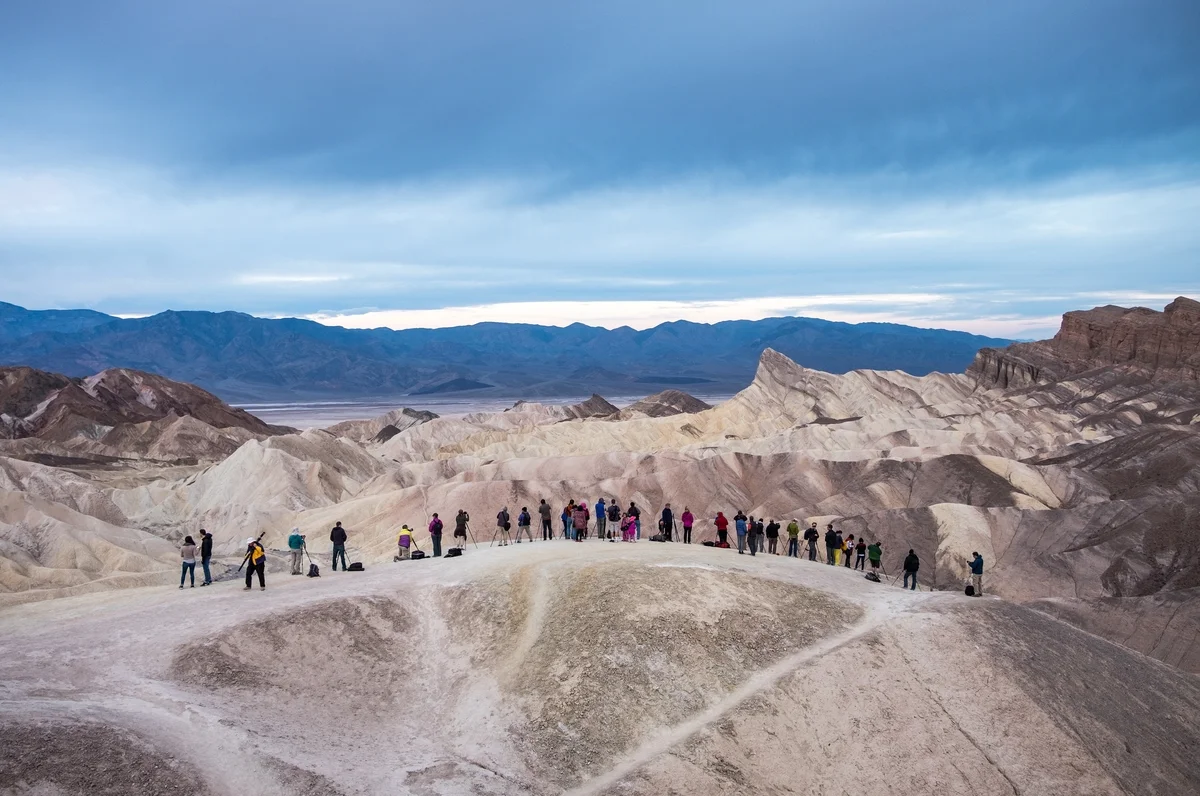 Sunrise photographers line up at Zabriskie Point; sunrise is usually a full house too. 