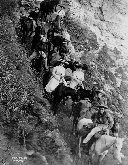 The bread and butter of the Kolb brothers’ photography business relied on images such as this one of tourists on mules descending the Bright Angel Trail. The Kolb brothers took thousands of such images over the years out of a window of their home and studio that overlooked the trail entrance. Photo: Kolb Brothers / Grand Canyon National Park.